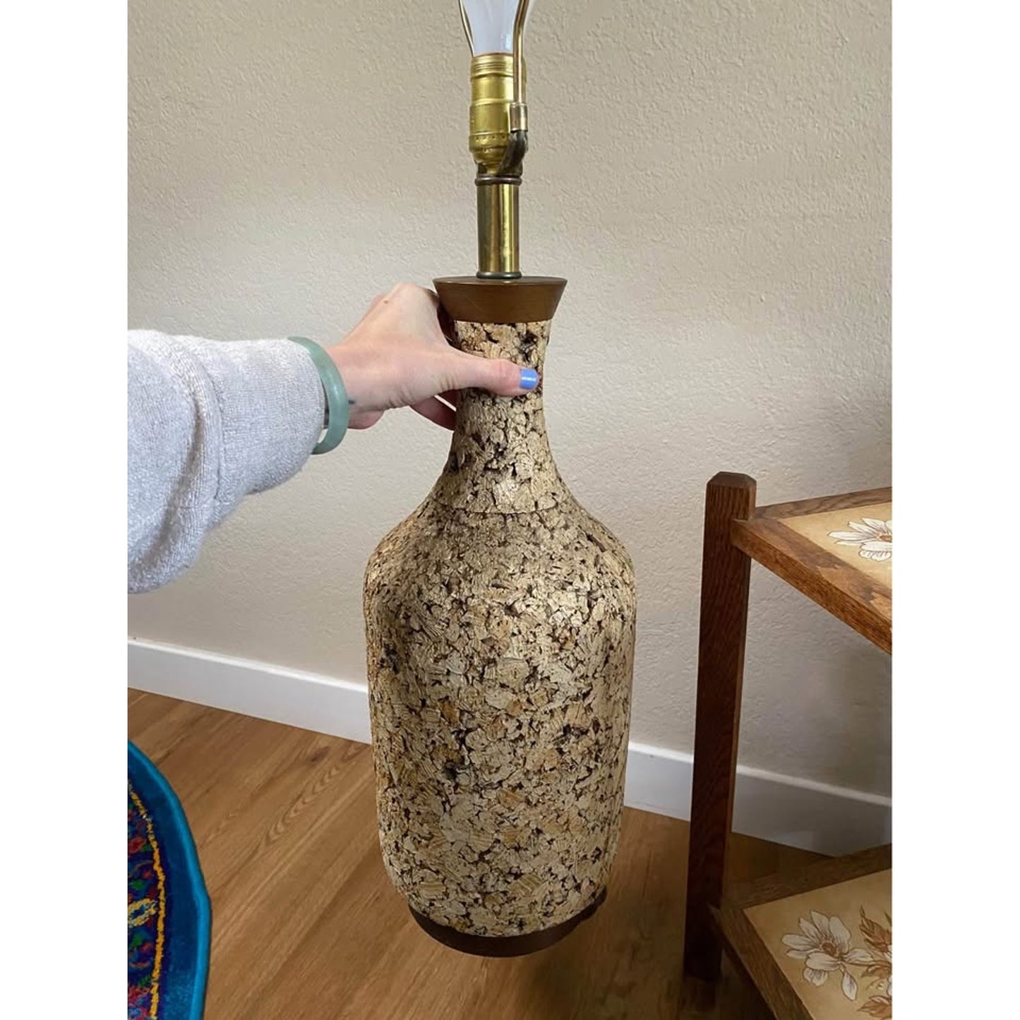 Vintage Mid Century Modern Cork Table Lamp. Wood accents mcm Home Lighting