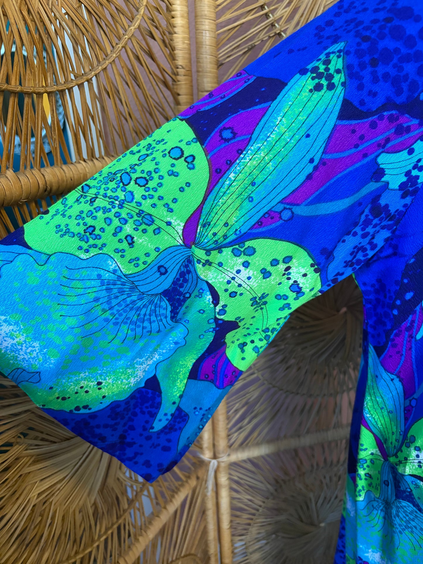 Hawaiian Surf Neon Orchid Print Maxi Dress with Bell Sleeves