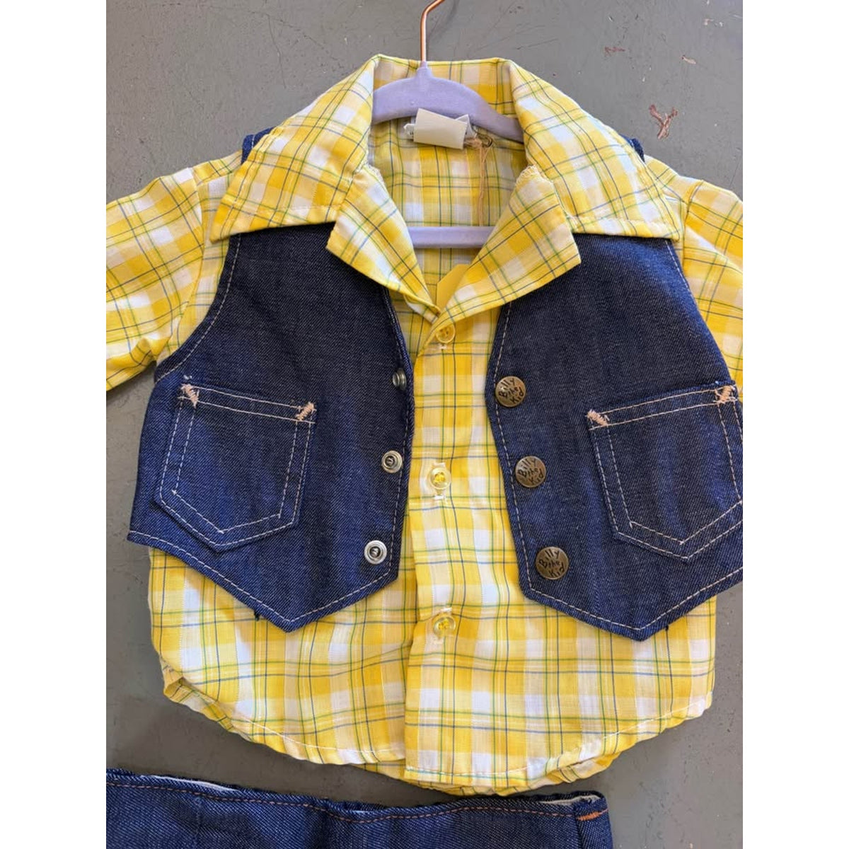 Billy the Kid Vintage Denim 3 piece clothing set. Vest pants yellow plaid shirt. Western 12mos