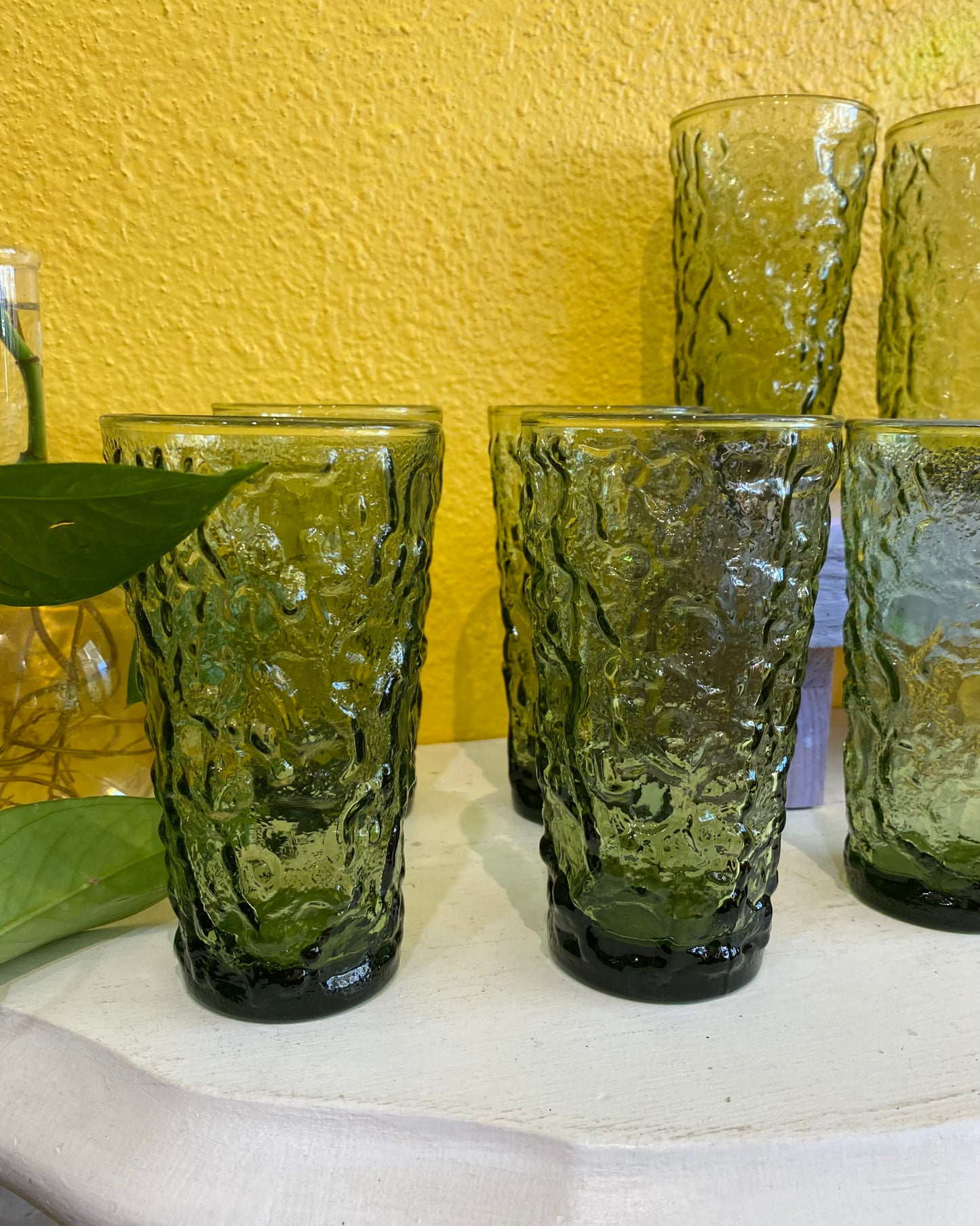 Vintage Green Crinkle Glass Drinking Tumblers. Set of 8