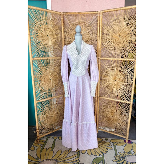 1970s Lavender Prairie Dress. Lace Long Sleeve Gown Victorian inspired. Handmade. Size Small