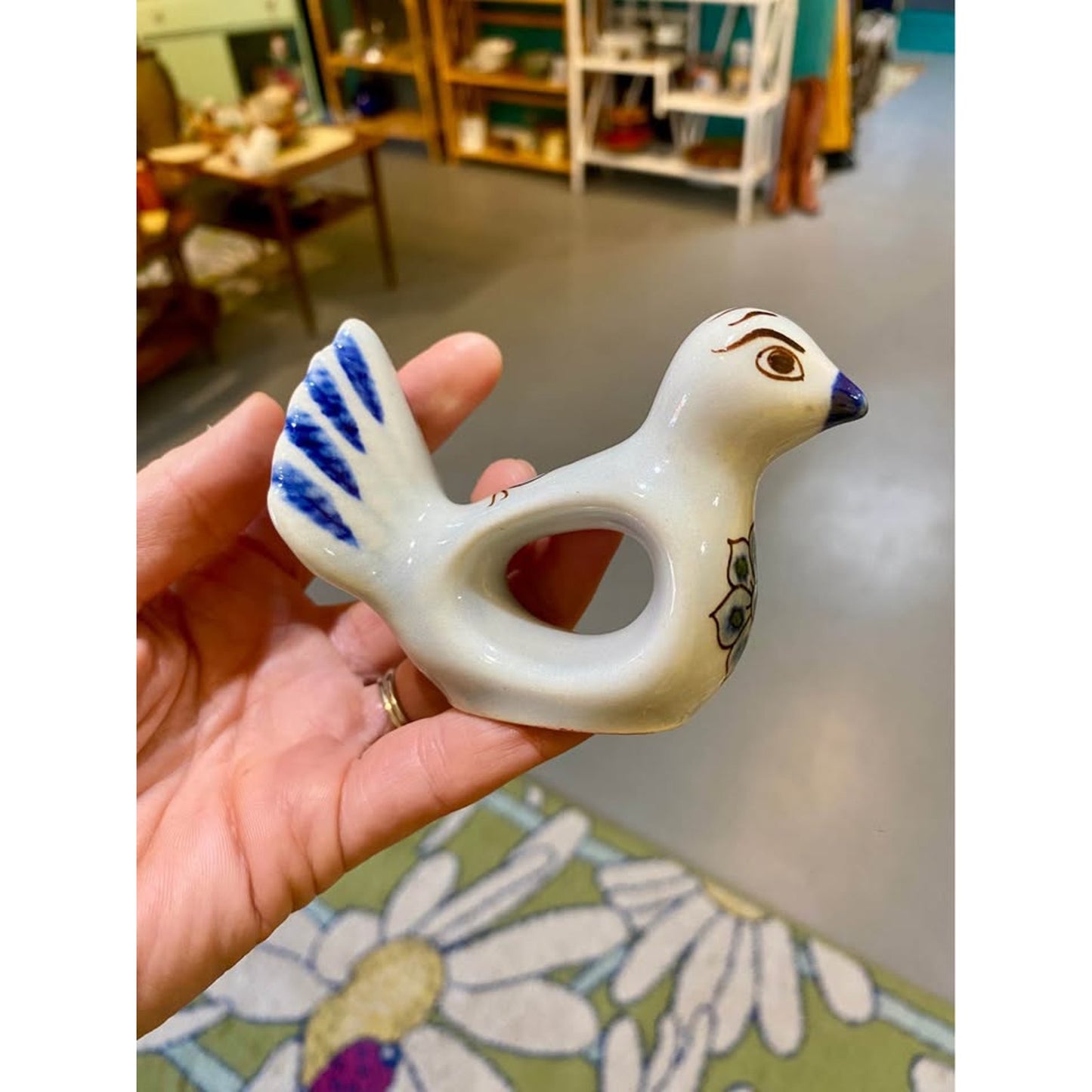 Hand painted Tonala style bird napkin rings. Set of 6. Mexico. Blue and White