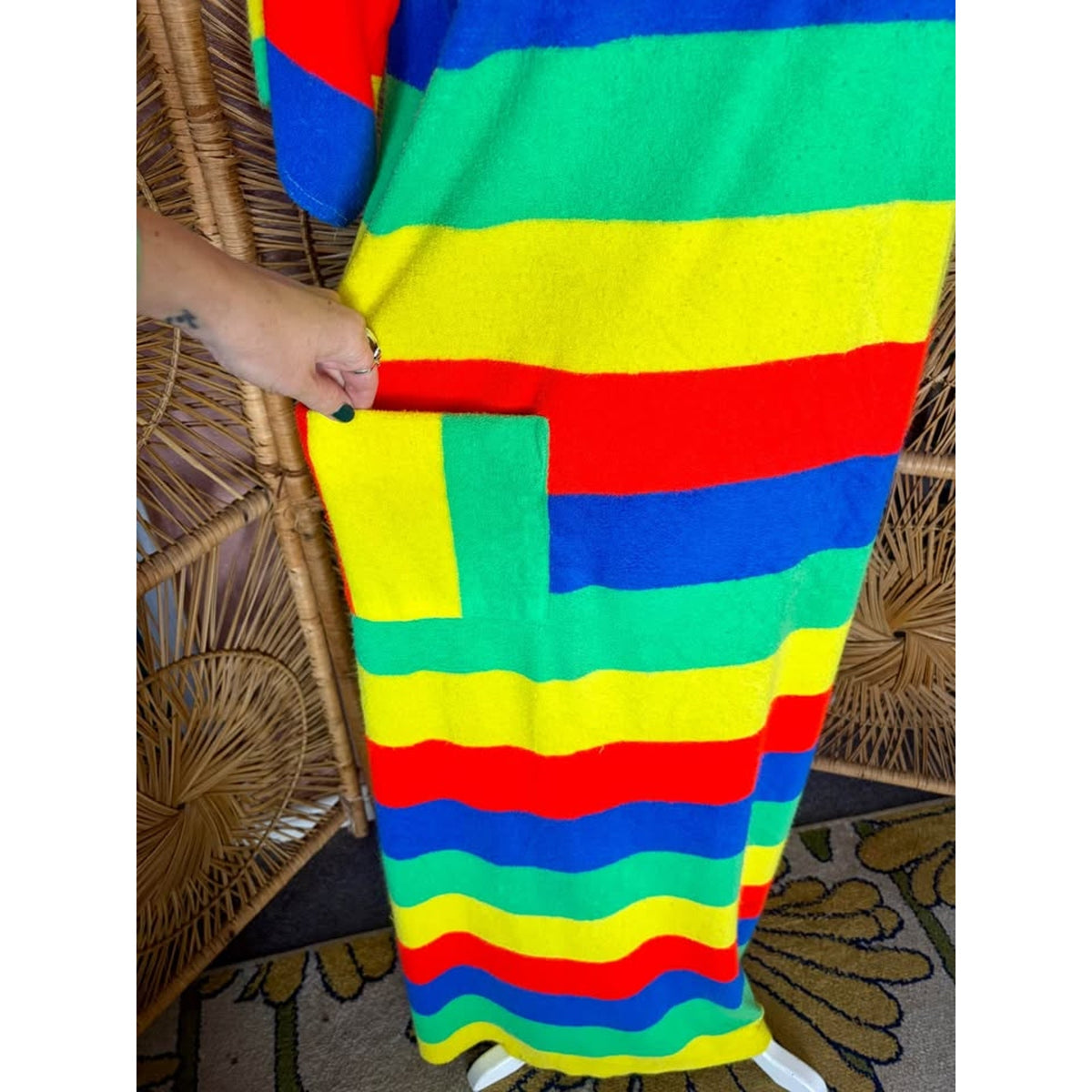 Vintage 1970s Bright Striped Terry Cloth Maxi Dress Beach Cover up Sz M-L