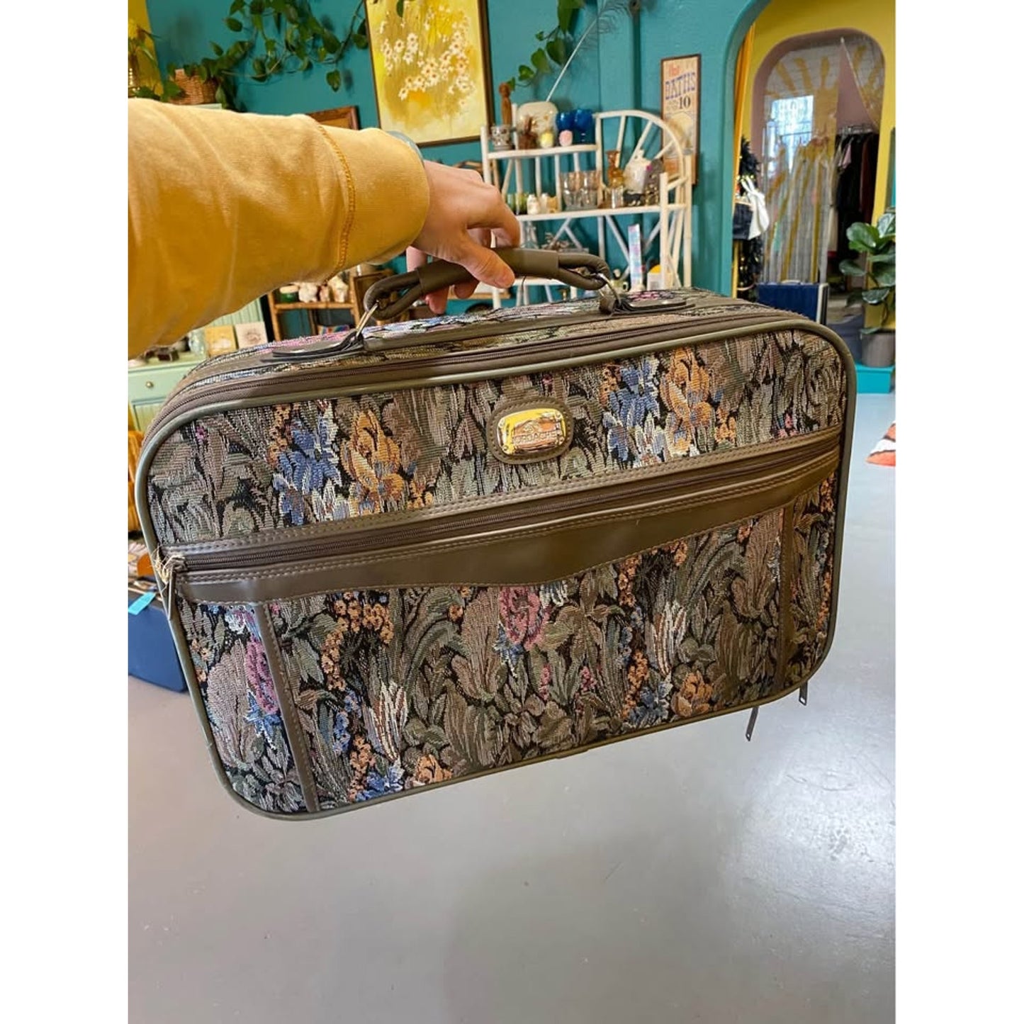 Jordache floral tapestry carry on luggage. Vintage travel suitcase
