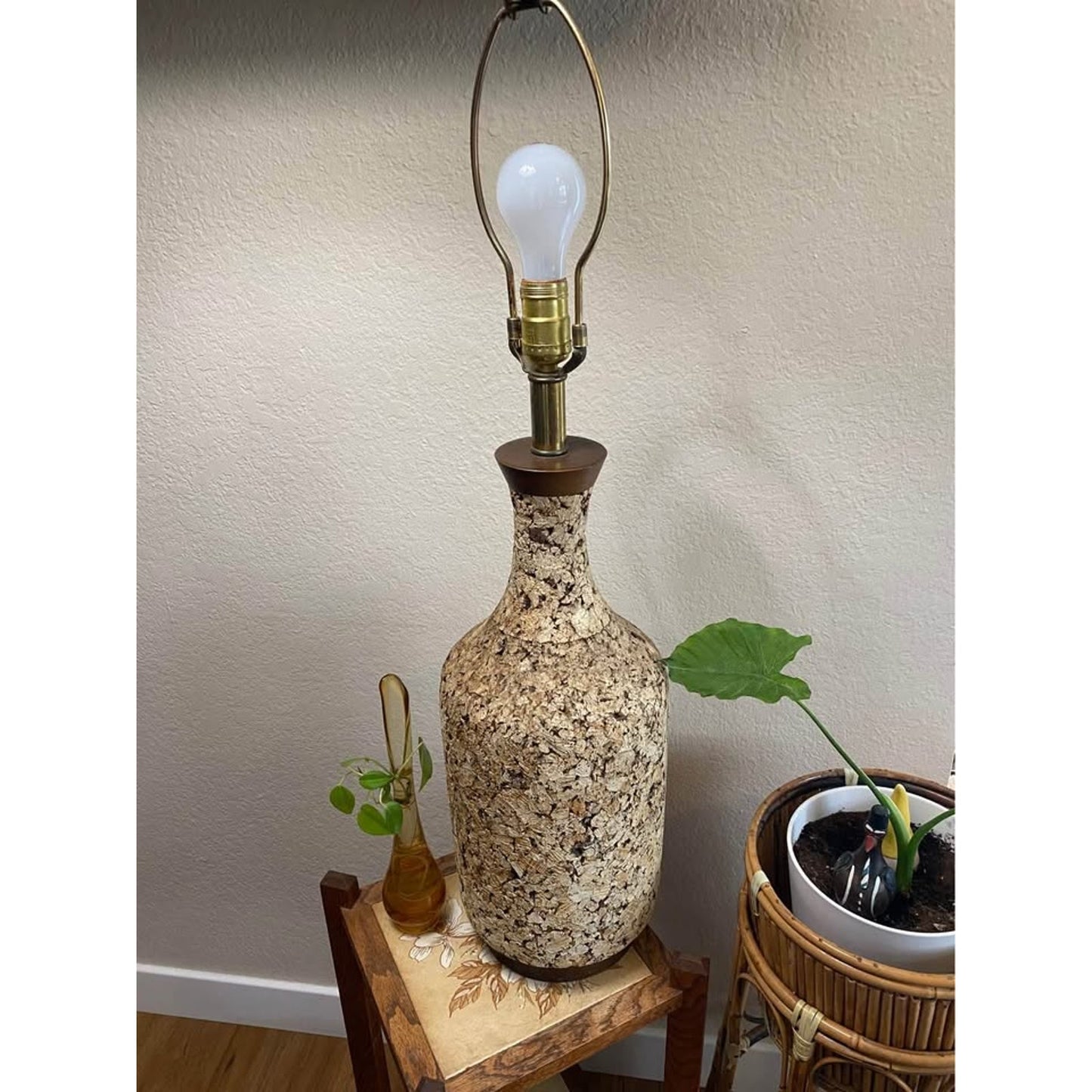 Vintage Mid Century Modern Cork Table Lamp. Wood accents mcm Home Lighting