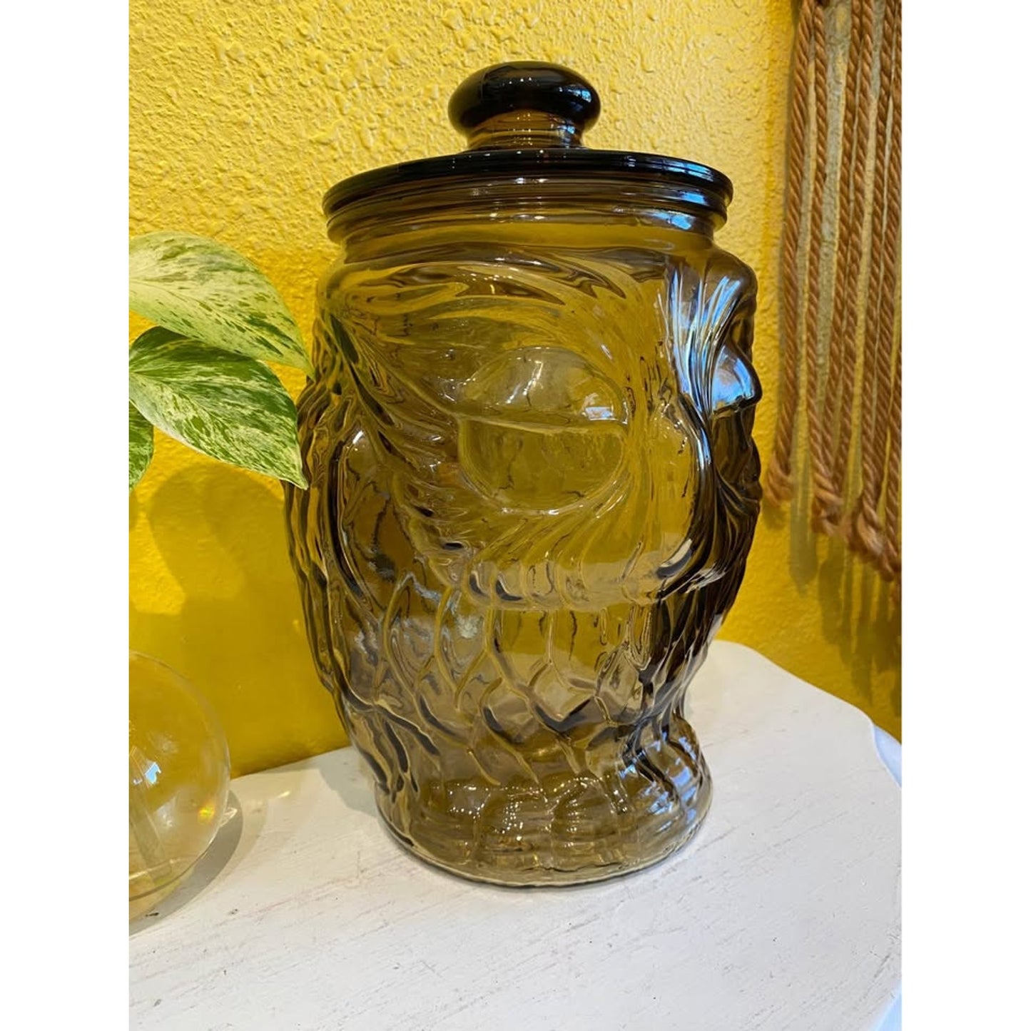 Vintage Libbey Smoke Glass Large Owl Cookie Jar with Lid