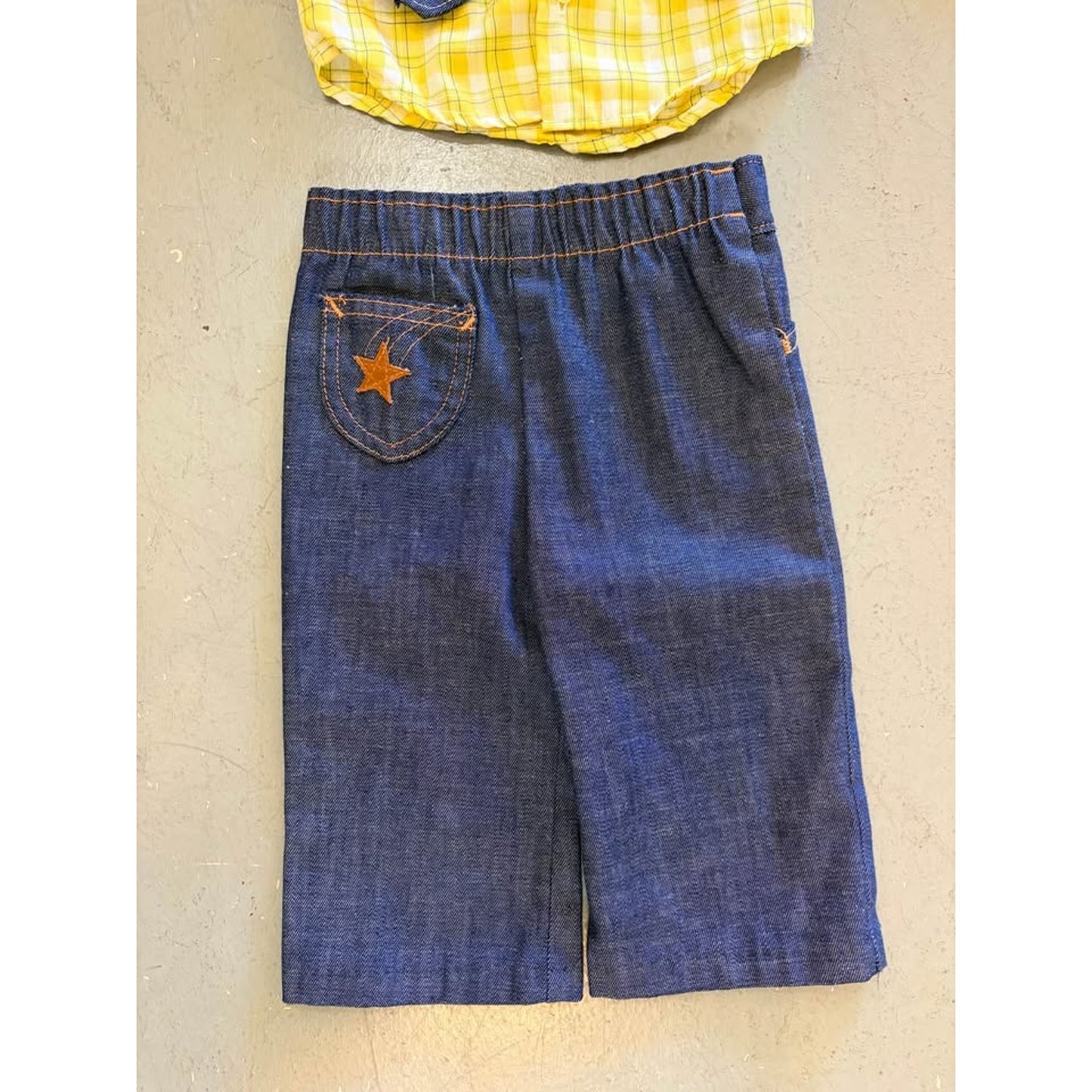Billy the Kid Vintage Denim 3 piece clothing set. Vest pants yellow plaid shirt. Western 12mos