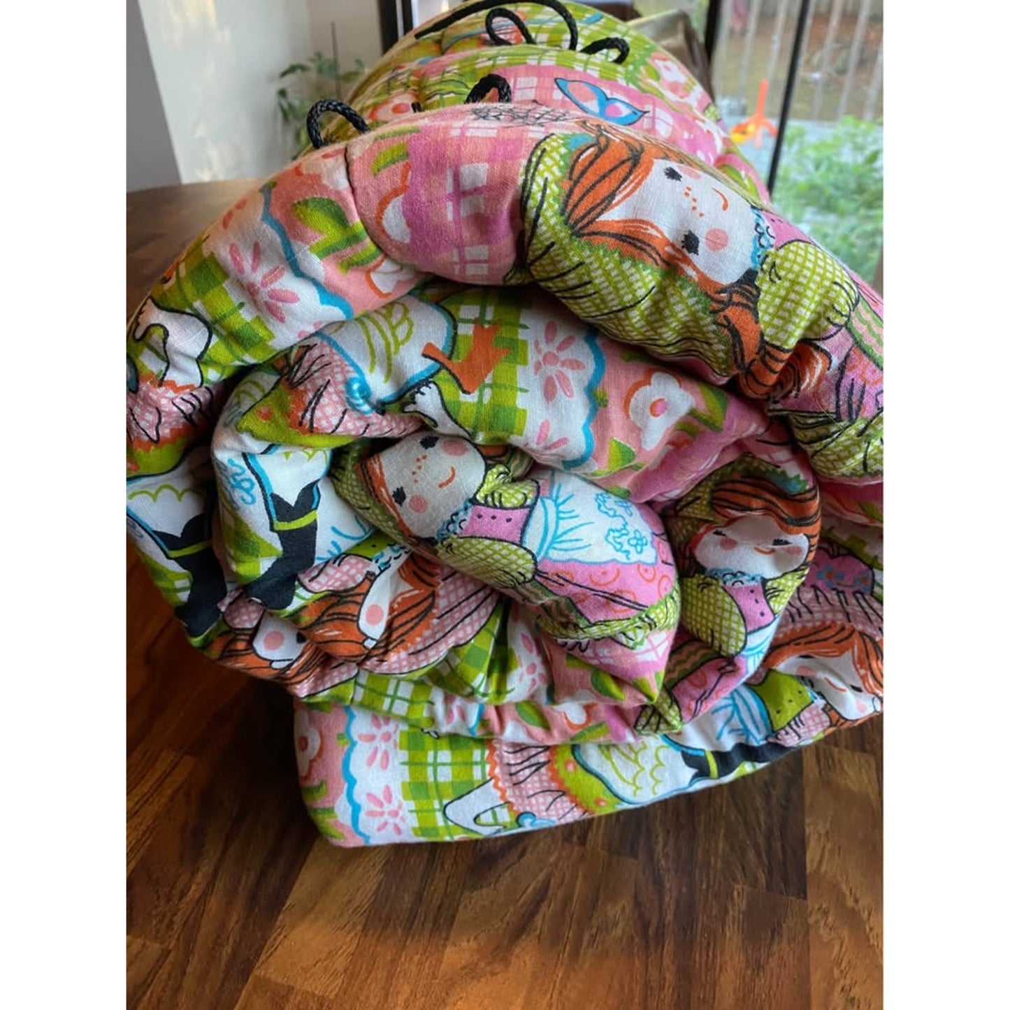 Vintage 60s Holly Hobbie Children’s sleeping Bag. Pink green patchwork