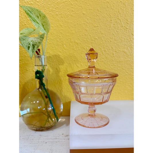 Vintage 1930s Pink Depression Glass Small Lidded Candy Dish. Bathroom Vanity Decor