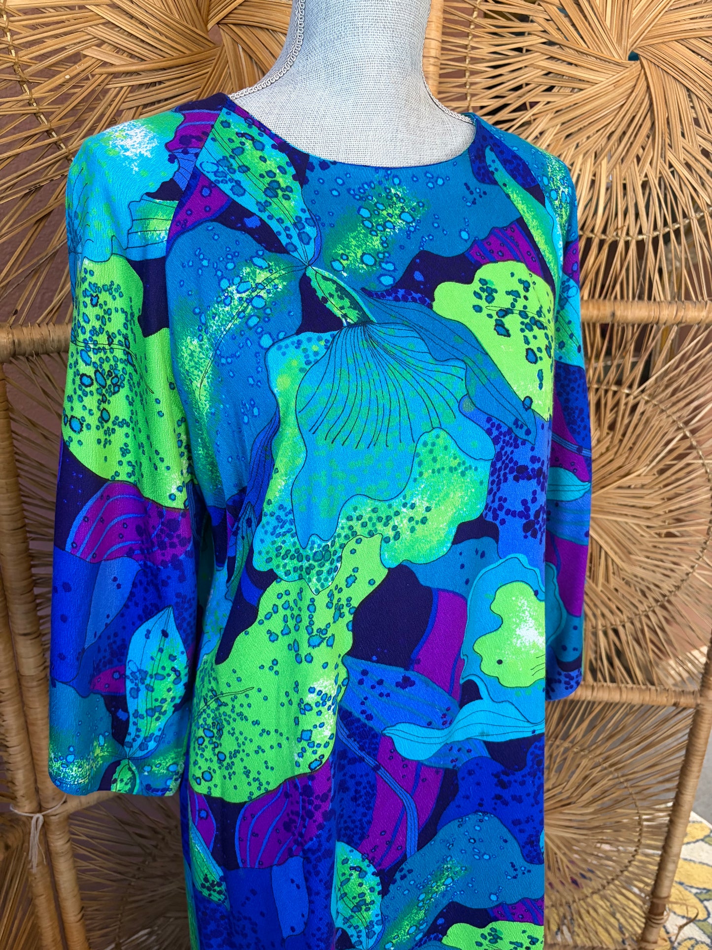 Hawaiian Surf Neon Orchid Print Maxi Dress with Bell Sleeves