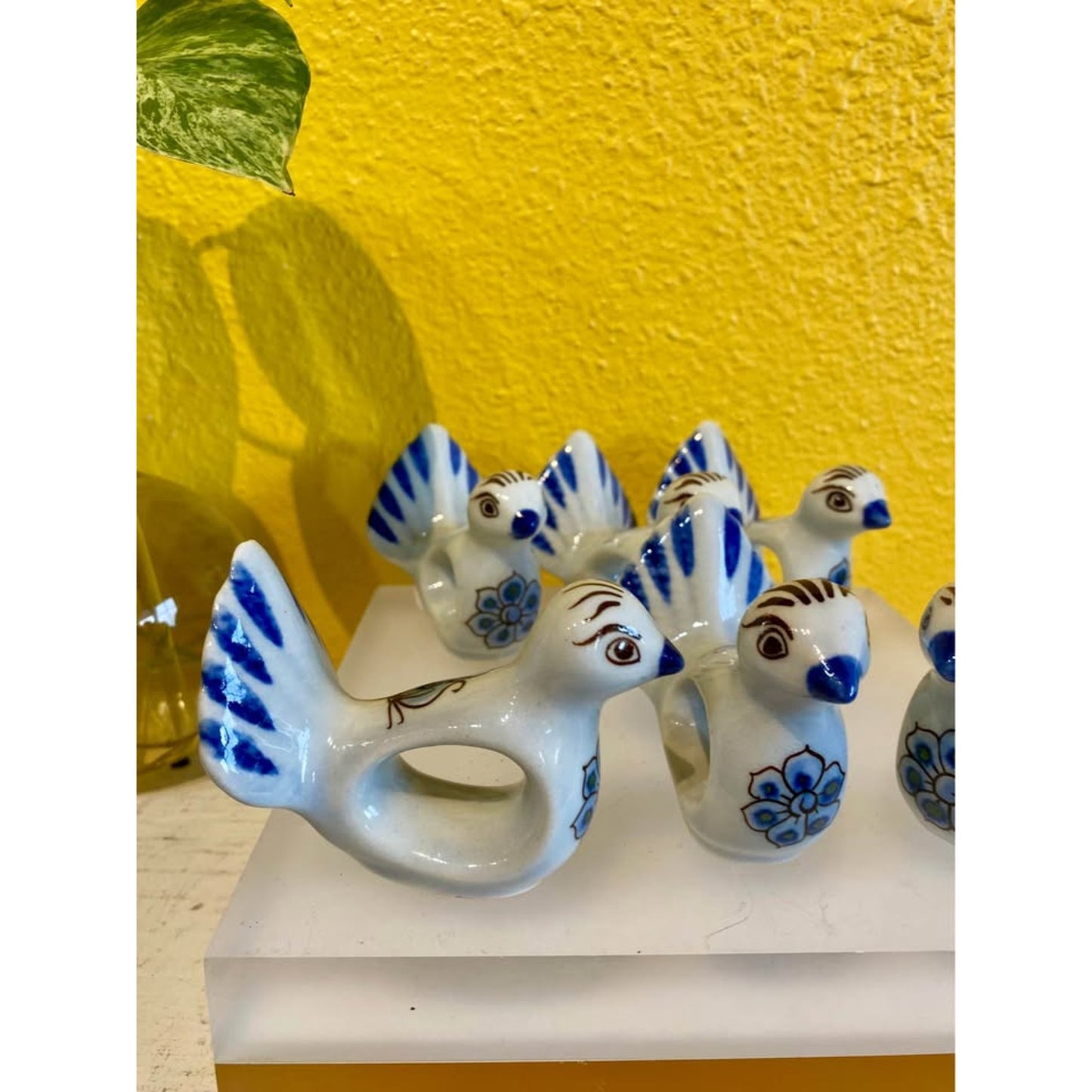Hand painted Tonala style bird napkin rings. Set of 6. Mexico. Blue and White