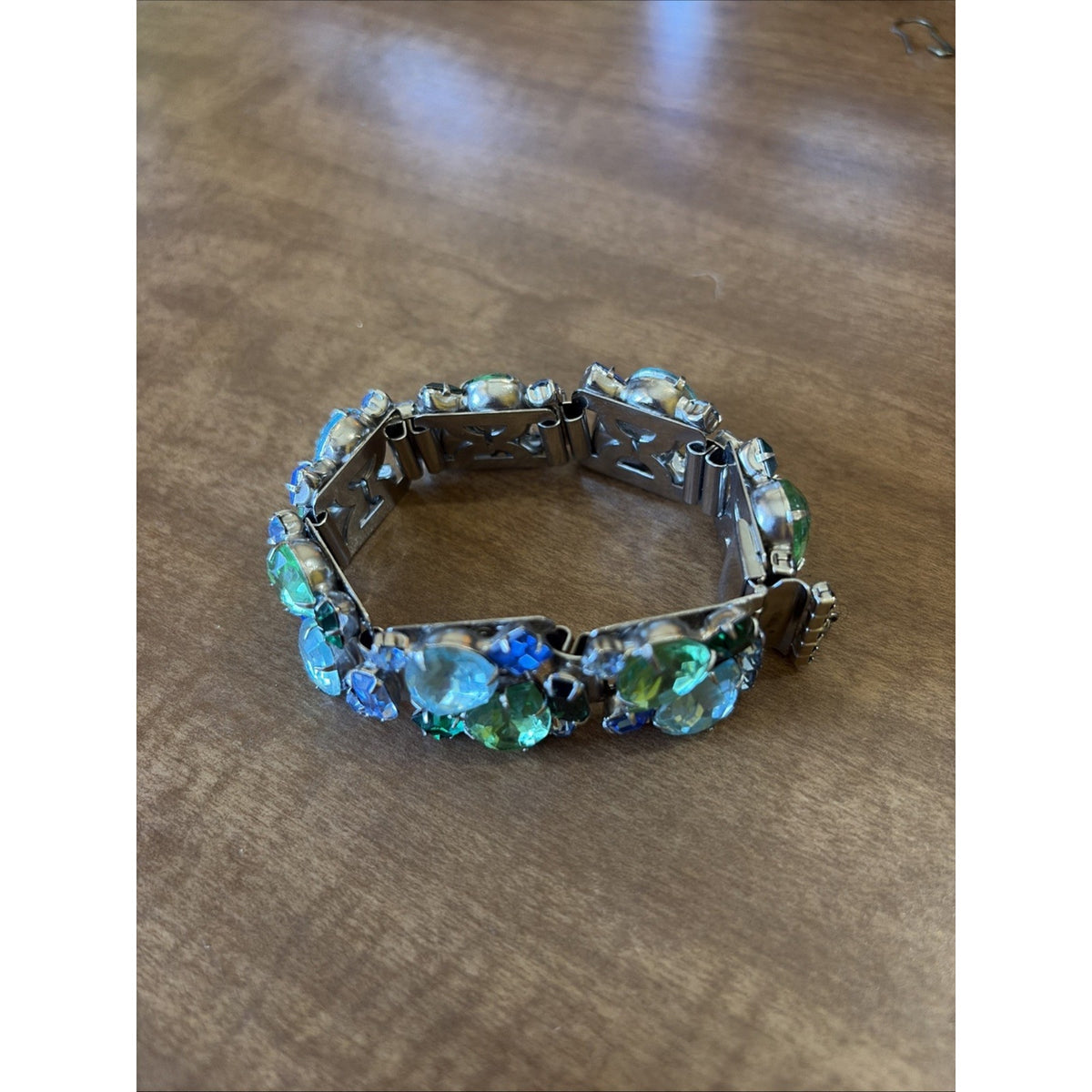 Vintage Large Green And Blue Rhinestone Bracelet. Silver Tone Safety Clasp
