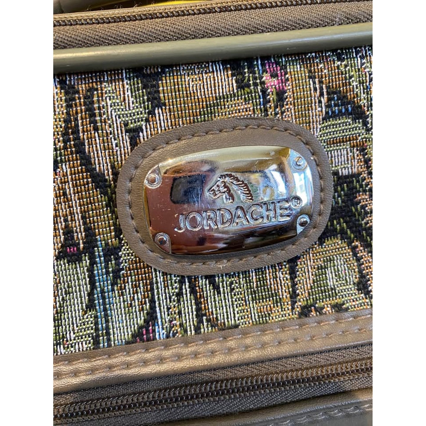 Jordache floral tapestry carry on luggage. Vintage travel suitcase