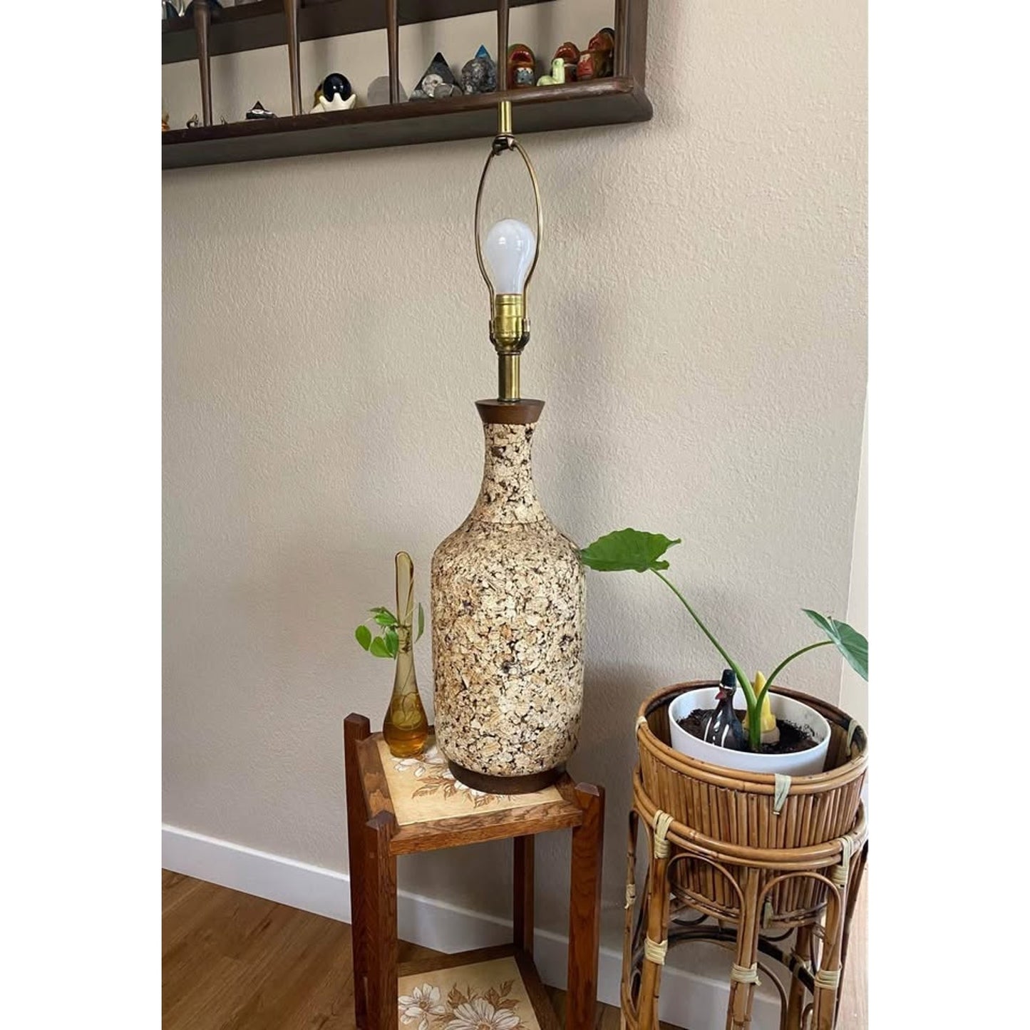Vintage Mid Century Modern Cork Table Lamp. Wood accents mcm Home Lighting