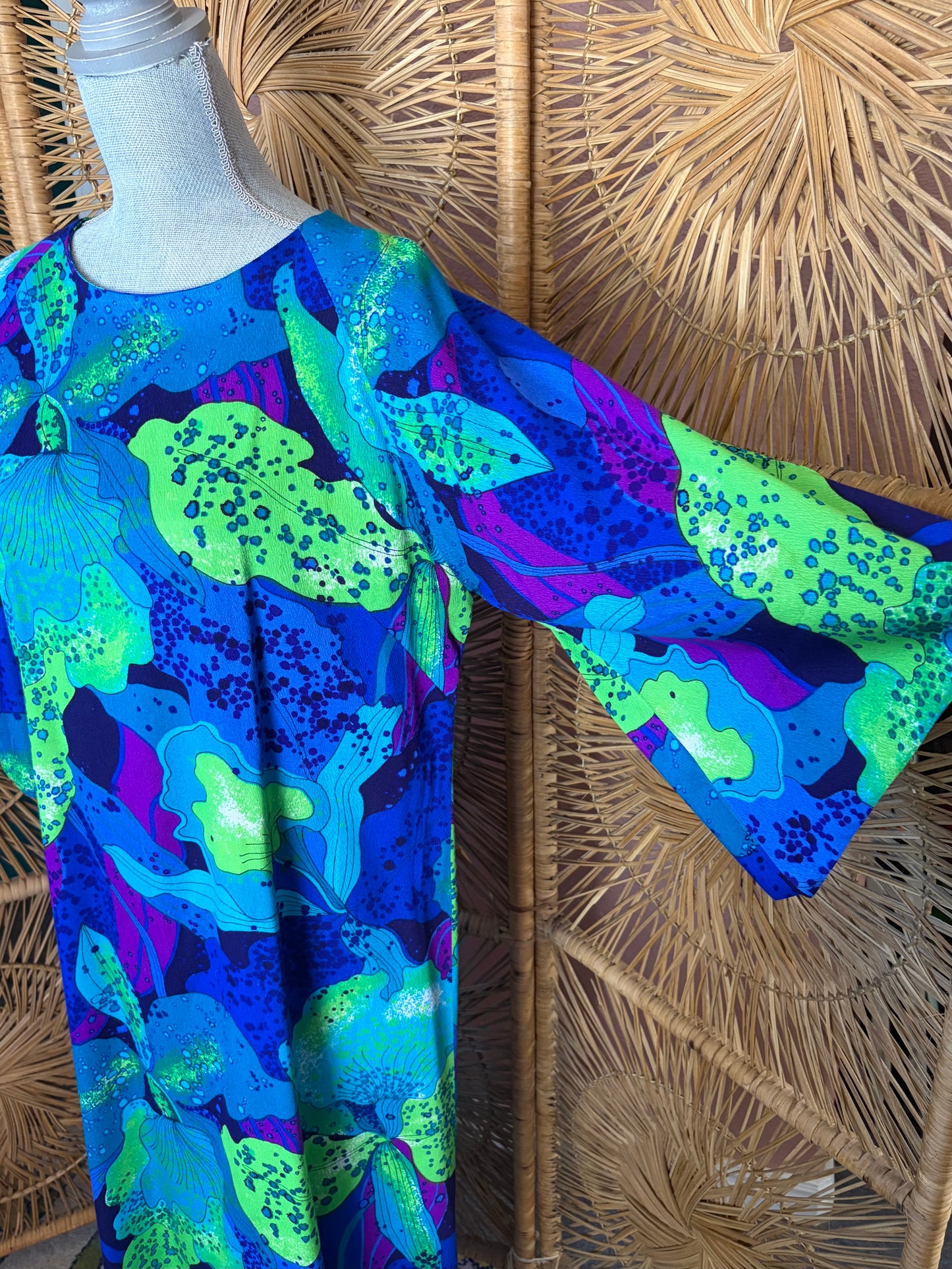 Hawaiian Surf Neon Orchid Print Maxi Dress with Bell Sleeves