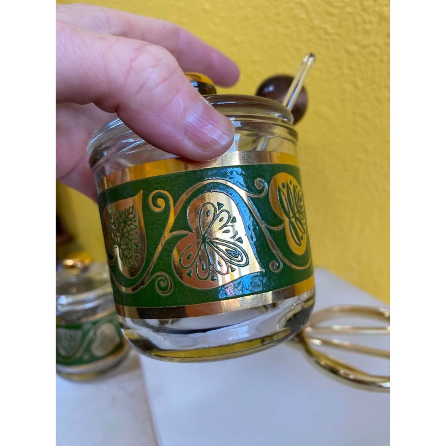 1950s Culver Gold and Green Leaf Glass Condiment Jar set