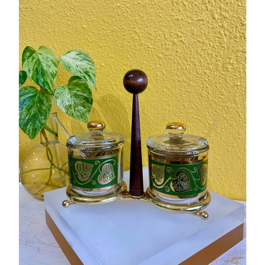 1950s Culver Gold and Green Leaf Glass Condiment Jar set
