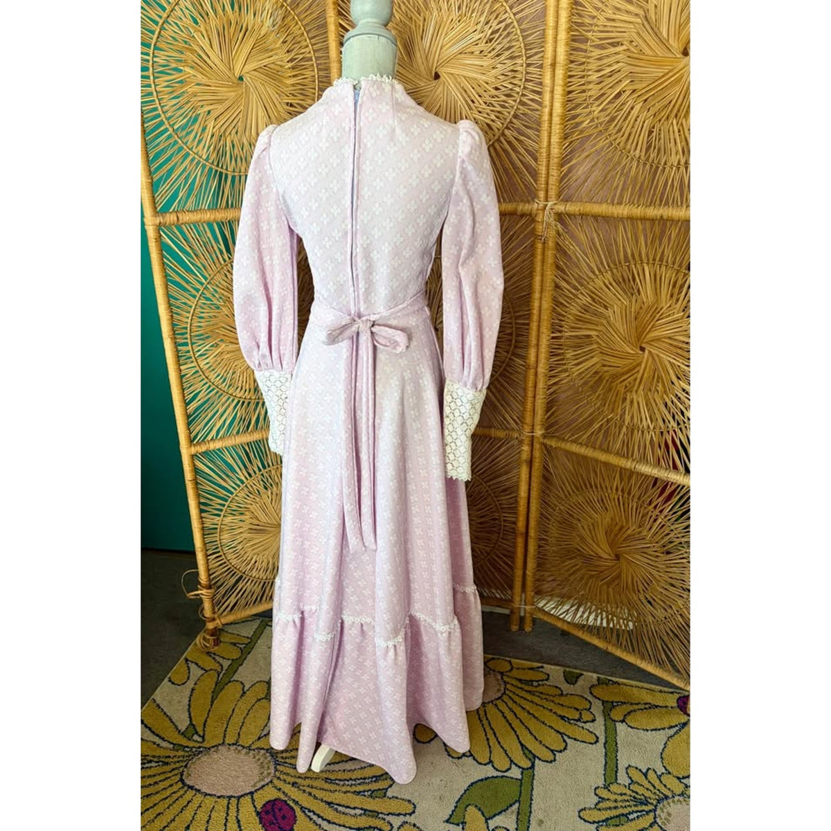 1970s Lavender Prairie Dress. Lace Long Sleeve Gown Victorian inspired. Handmade. Size Small