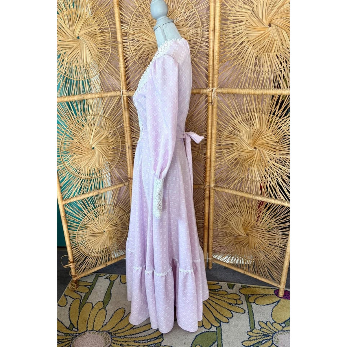 1970s Lavender Prairie Dress. Lace Long Sleeve Gown Victorian inspired. Handmade. Size Small