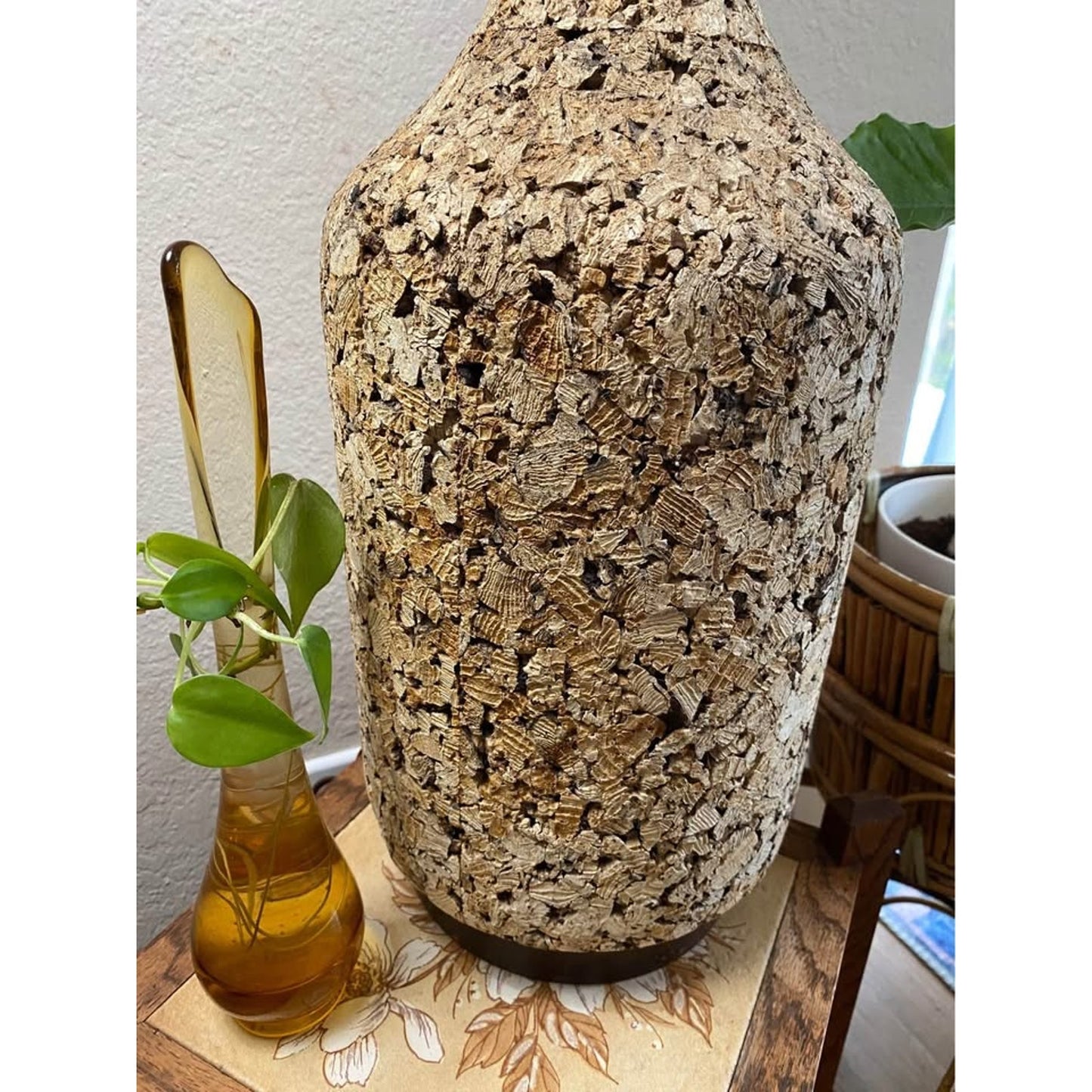 Vintage Mid Century Modern Cork Table Lamp. Wood accents mcm Home Lighting