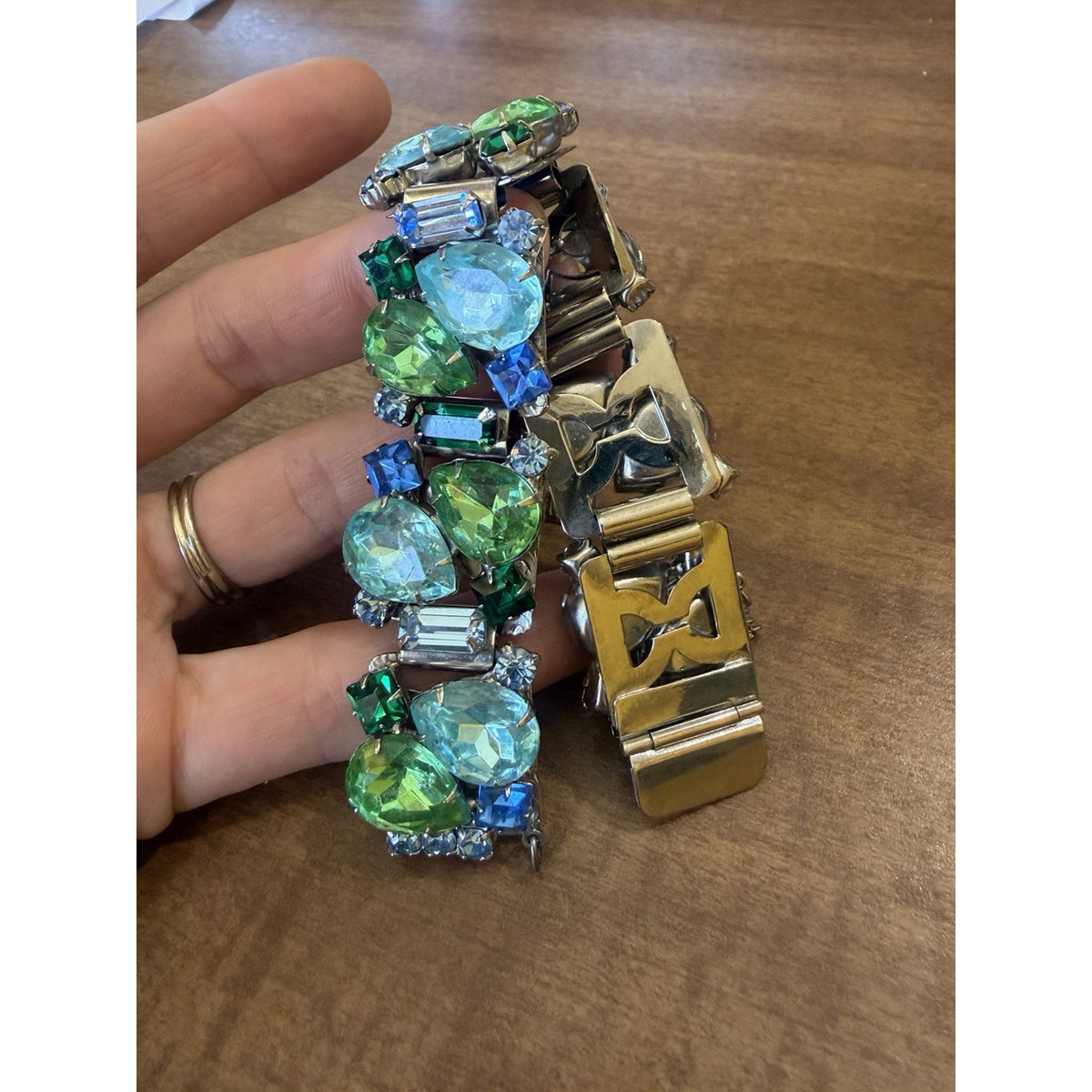 Vintage Large Green And Blue Rhinestone Bracelet. Silver Tone Safety Clasp