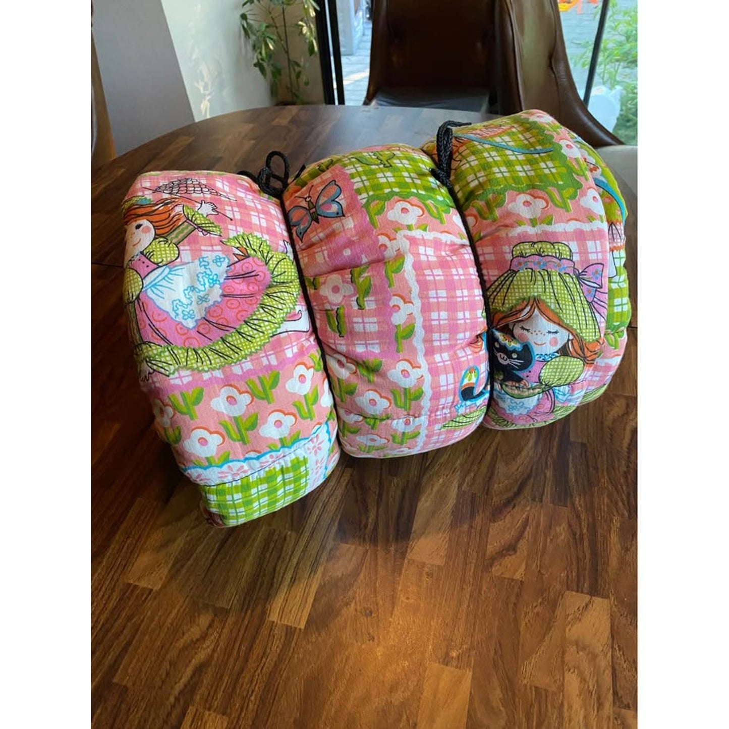 Vintage 60s Holly Hobbie Children’s sleeping Bag. Pink green patchwork