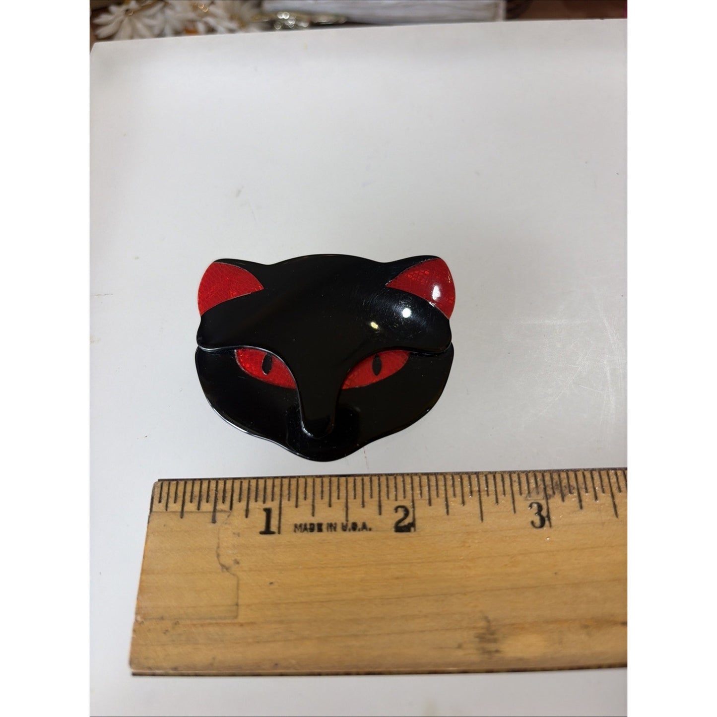 Lea Stein Paris Vintage Attila Cat Head Brooch Glossy Black Red Snake Pattern