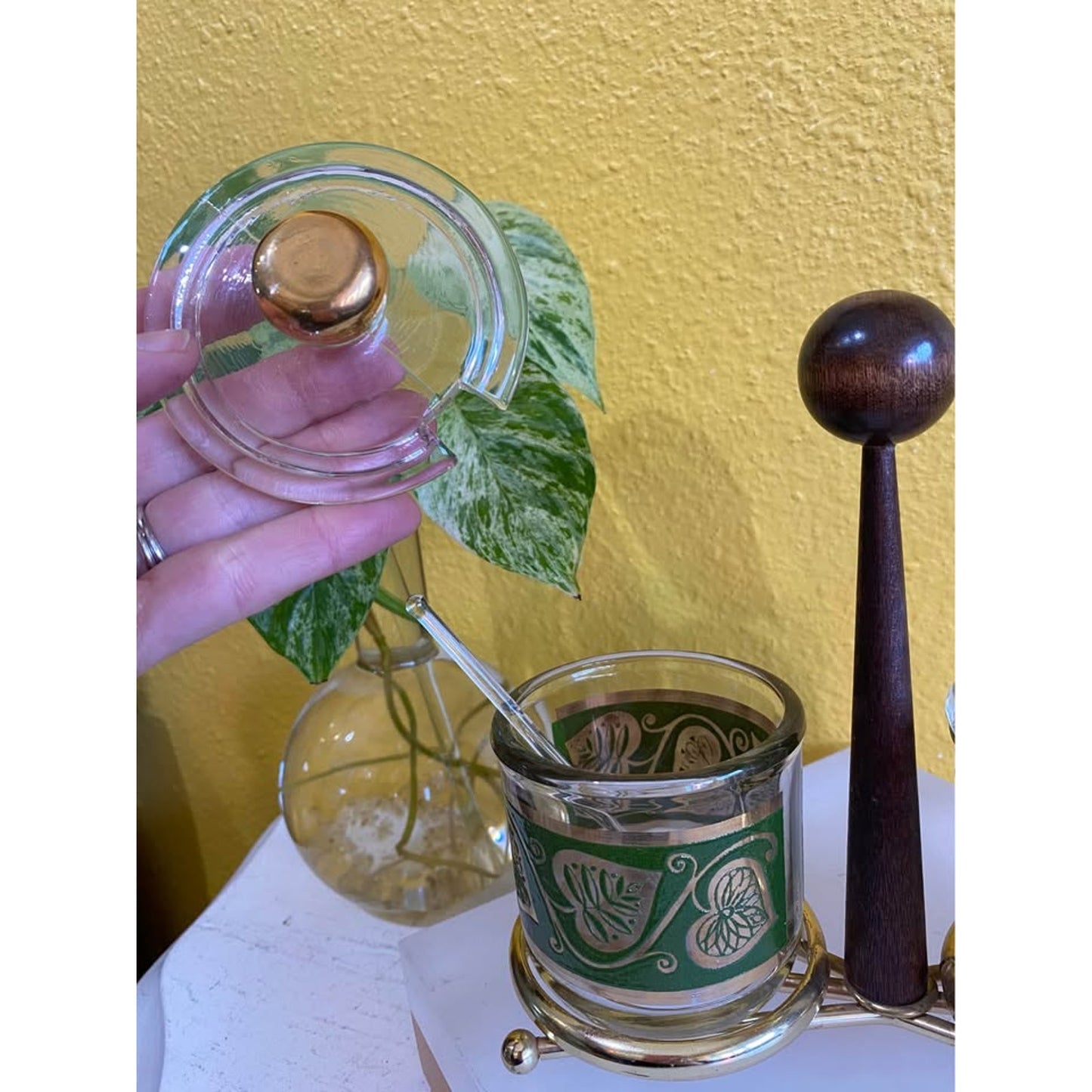 1950s Culver Gold and Green Leaf Glass Condiment Jar set