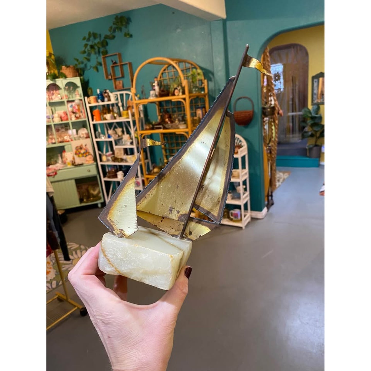 Brass sailboats on marble base. Home Office Decor Beach Theme