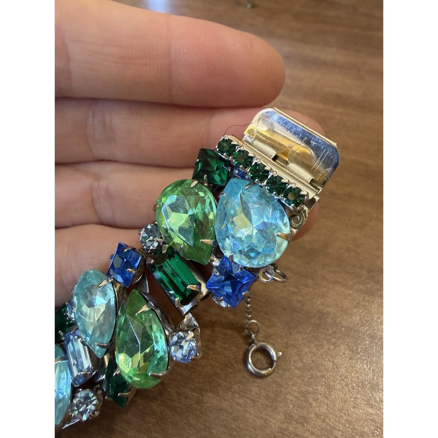 Vintage Large Green And Blue Rhinestone Bracelet. Silver Tone Safety Clasp