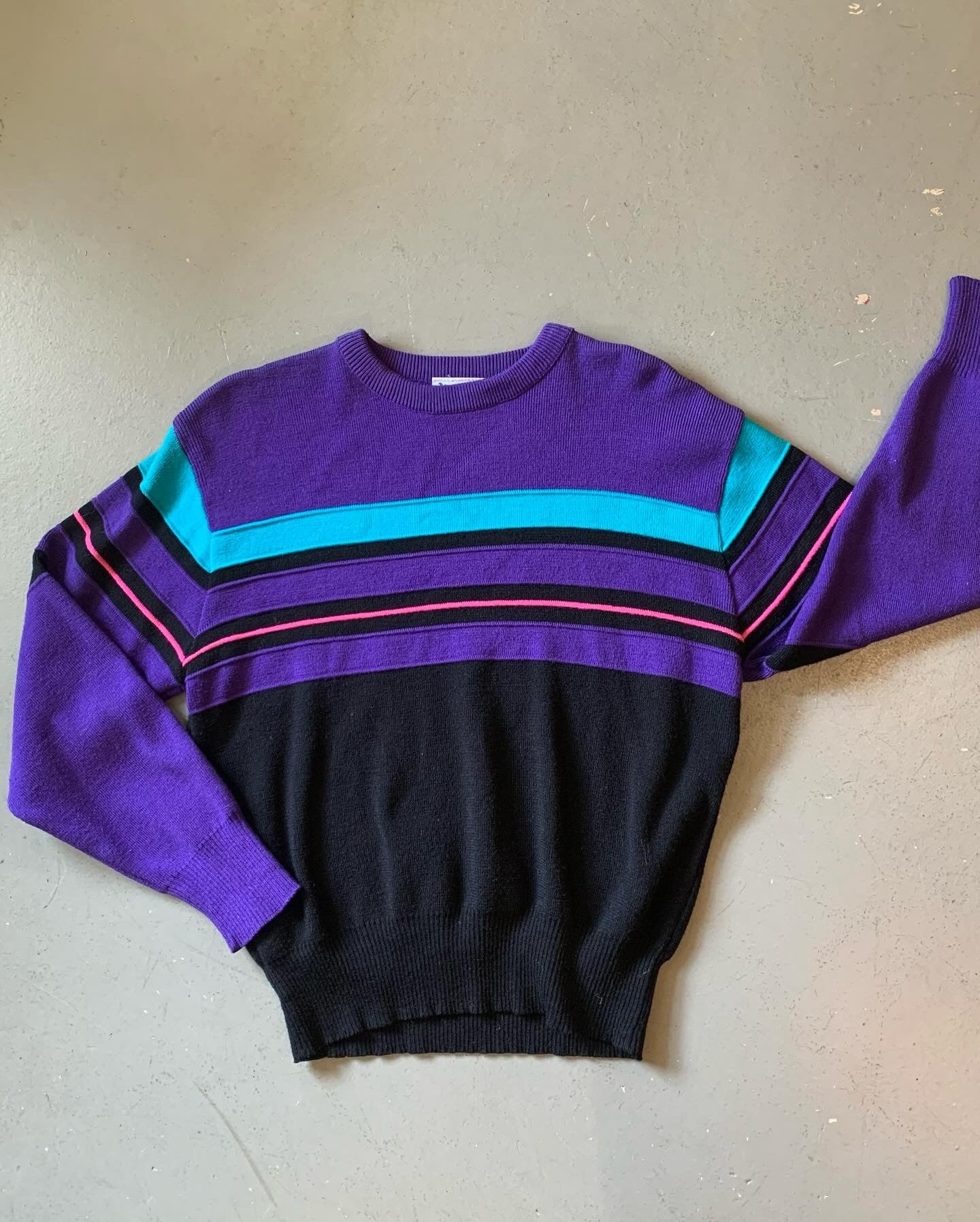 Meister vintage purple, black and neon pink striped sweater. Tag size small.