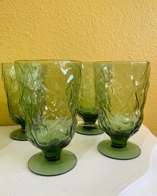 Morgantown green pedestal crinkle glasses. Set of 4