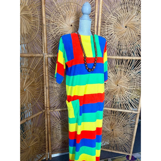 Vintage 1970s Bright Striped Terry Cloth Maxi Dress Beach Cover up Sz M-L