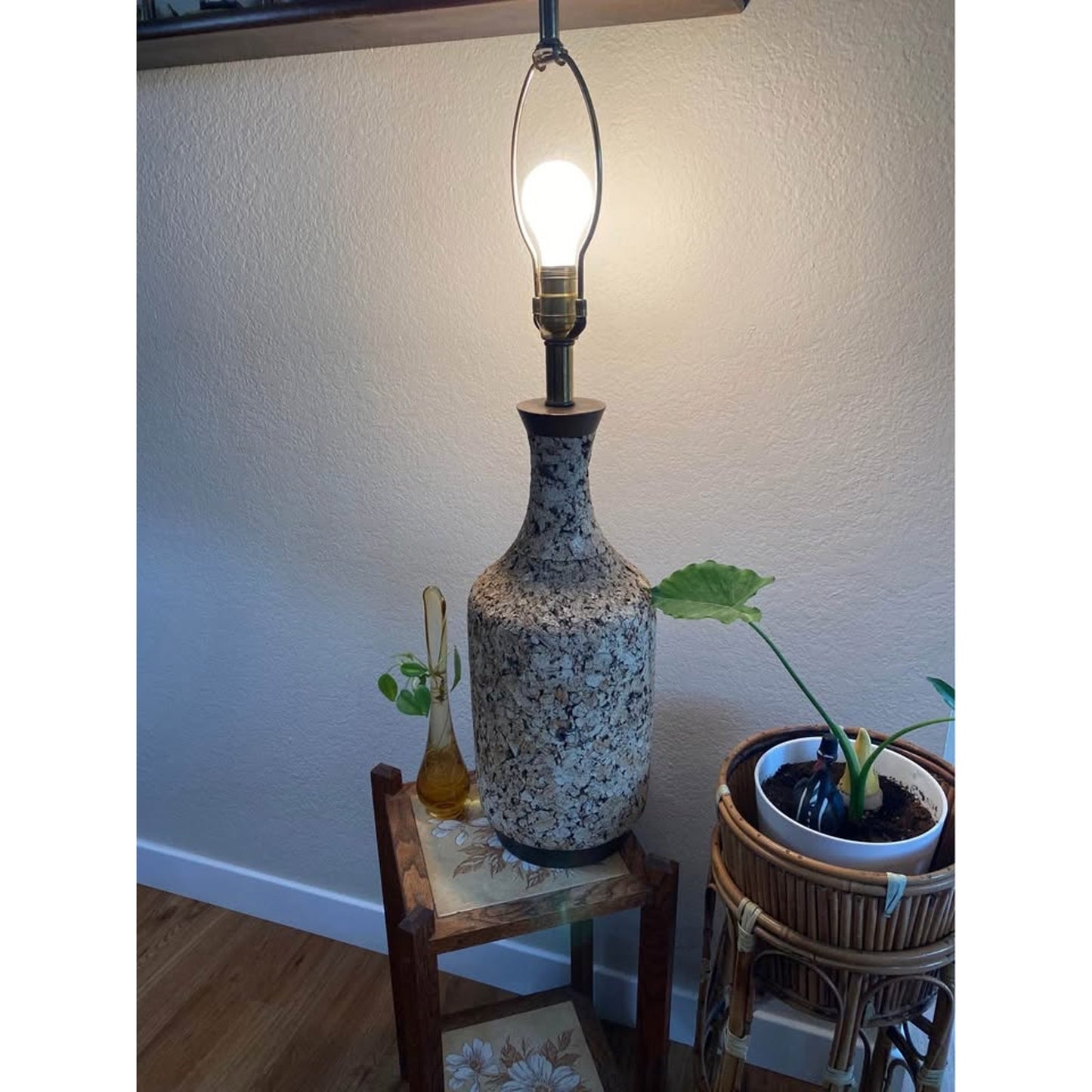 Vintage Mid Century Modern Cork Table Lamp. Wood accents mcm Home Lighting