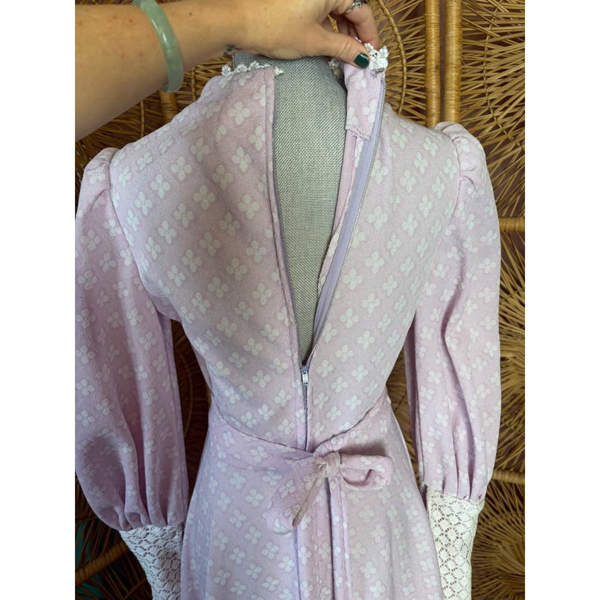 1970s Lavender Prairie Dress. Lace Long Sleeve Gown Victorian inspired. Handmade. Size Small