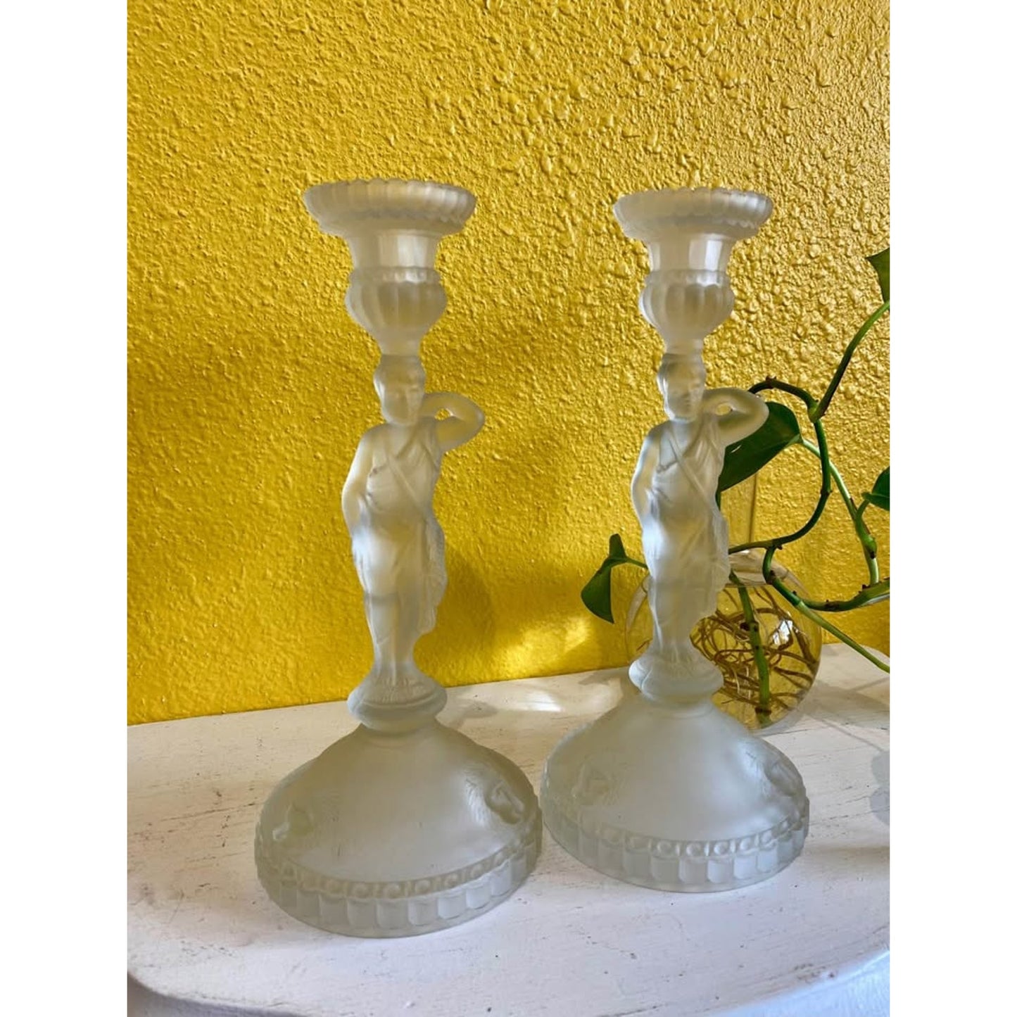 Frosted Glass Tall Huntress Candlestick Holders. Set of 2