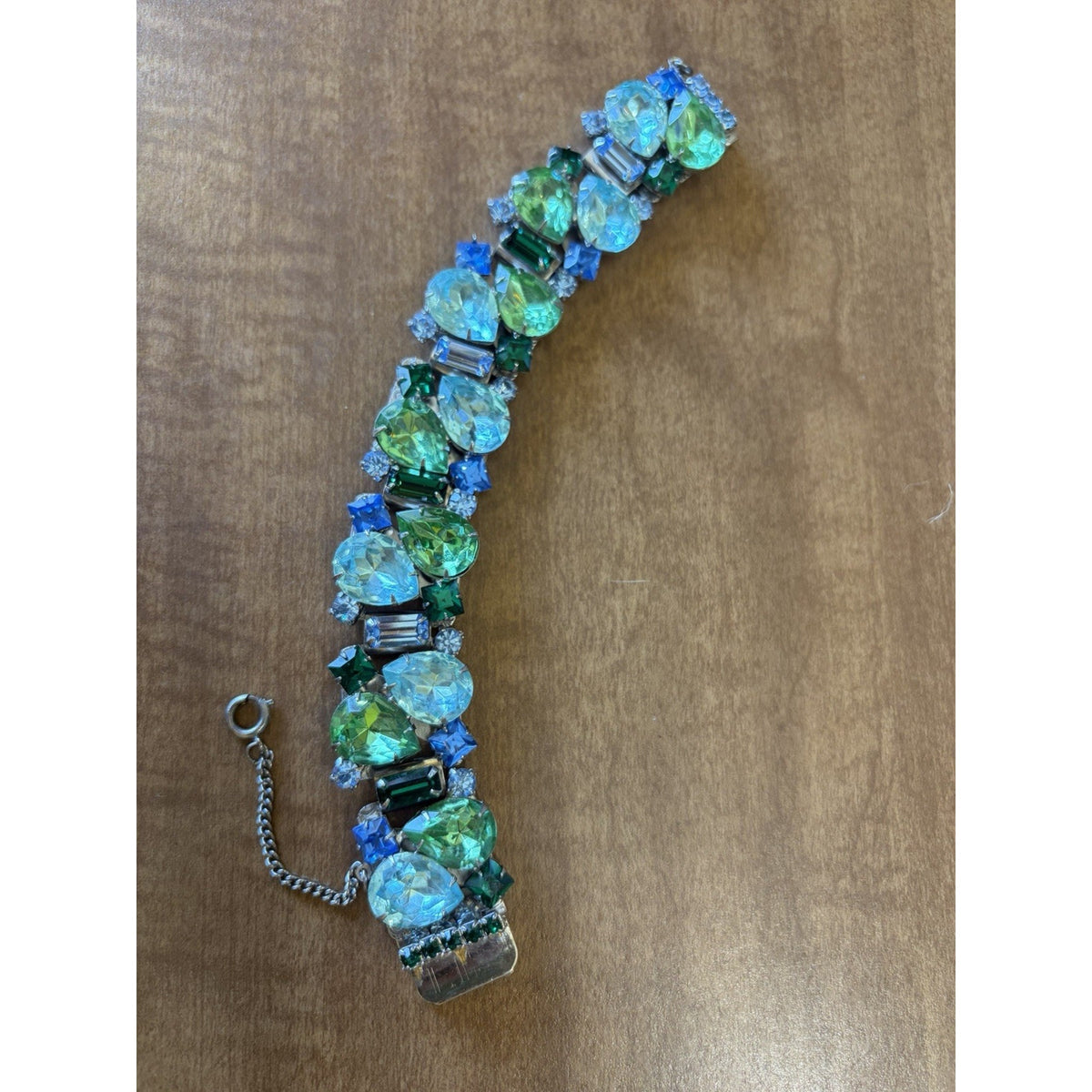 Vintage Large Green And Blue Rhinestone Bracelet. Silver Tone Safety Clasp