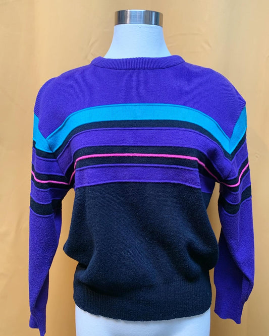 Meister vintage purple, black and neon pink striped sweater. Tag size small.