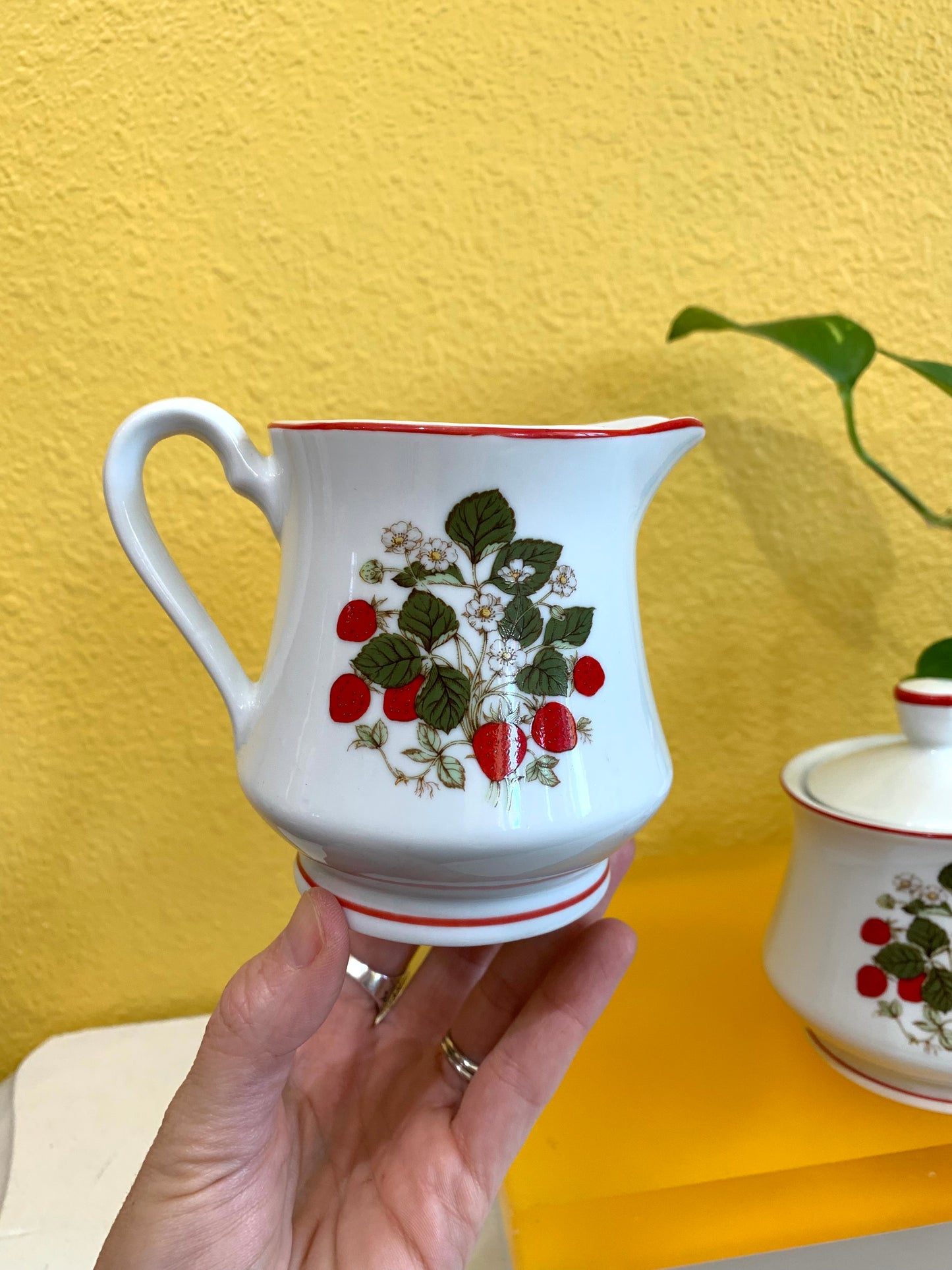 Vintage Ceramic Strawberry Creamer and Sugar Set. Made in Japan.