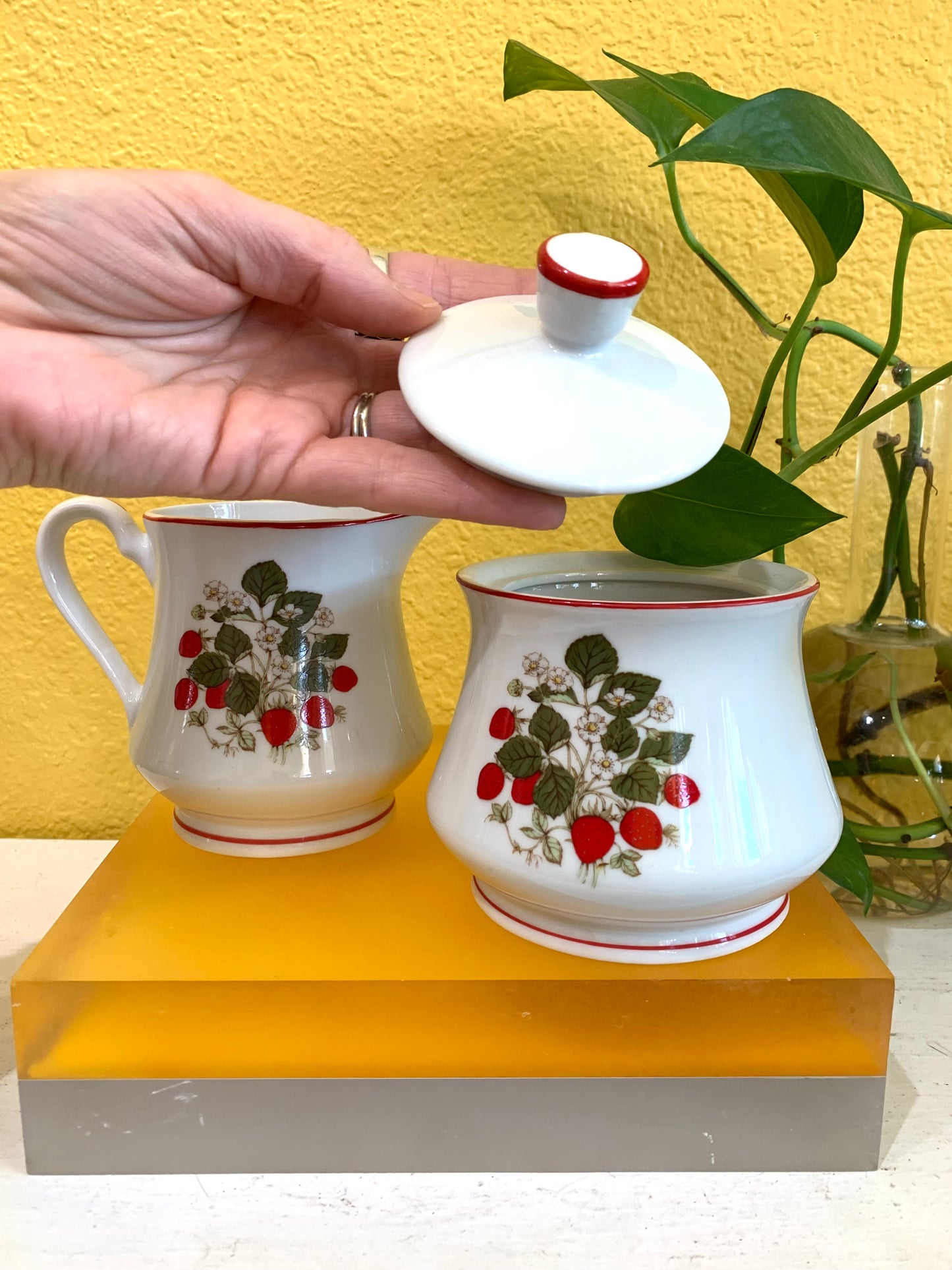 Vintage Ceramic Strawberry Creamer and Sugar Set. Made in Japan.