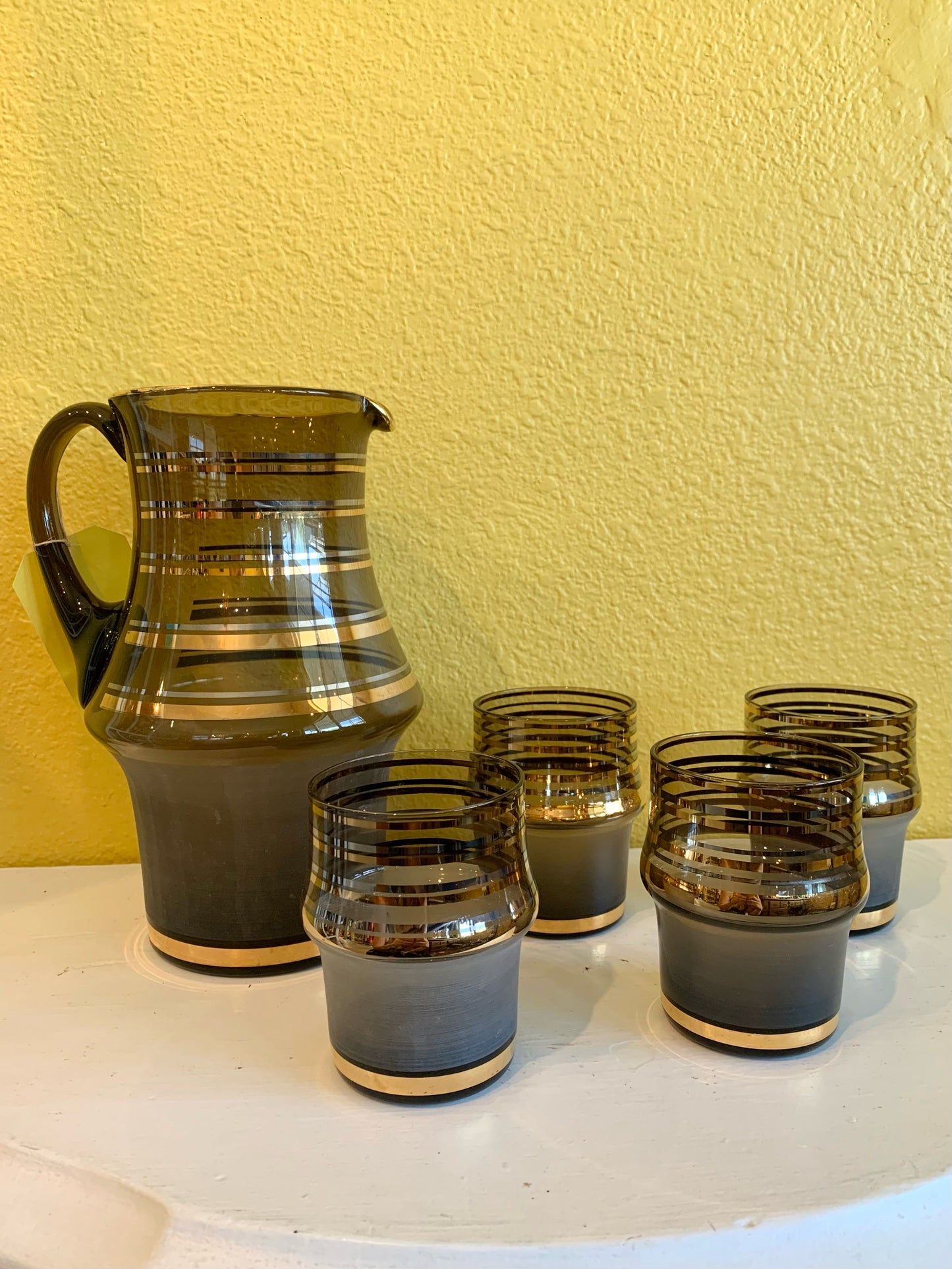Mid Century Modern Gold Stripe and Grey Smoke Glass Pitcher and 4 Cup Set