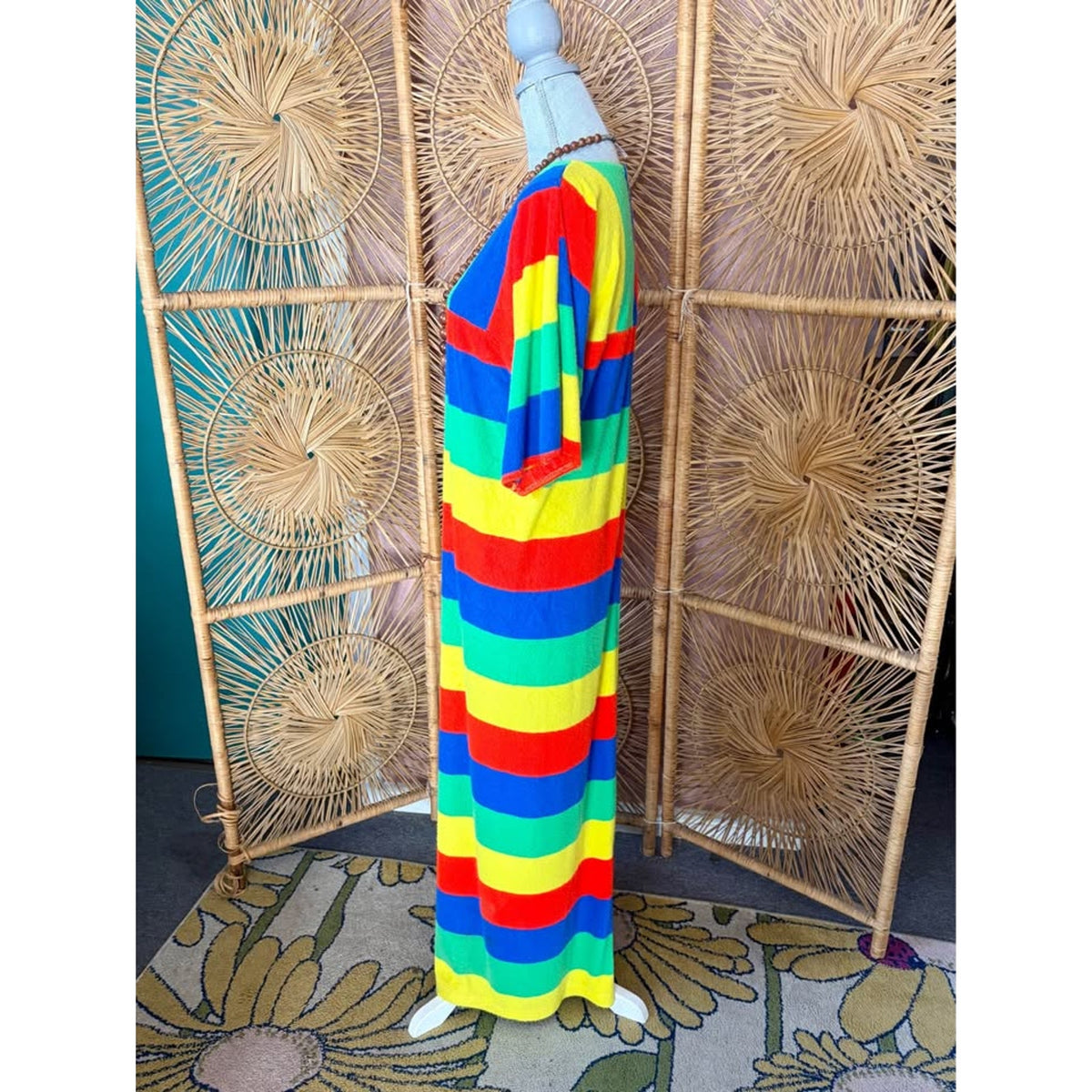 Vintage 1970s Bright Striped Terry Cloth Maxi Dress Beach Cover up Sz M-L