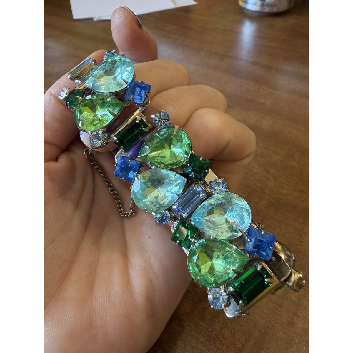 Vintage Large Green And Blue Rhinestone Bracelet. Silver Tone Safety Clasp