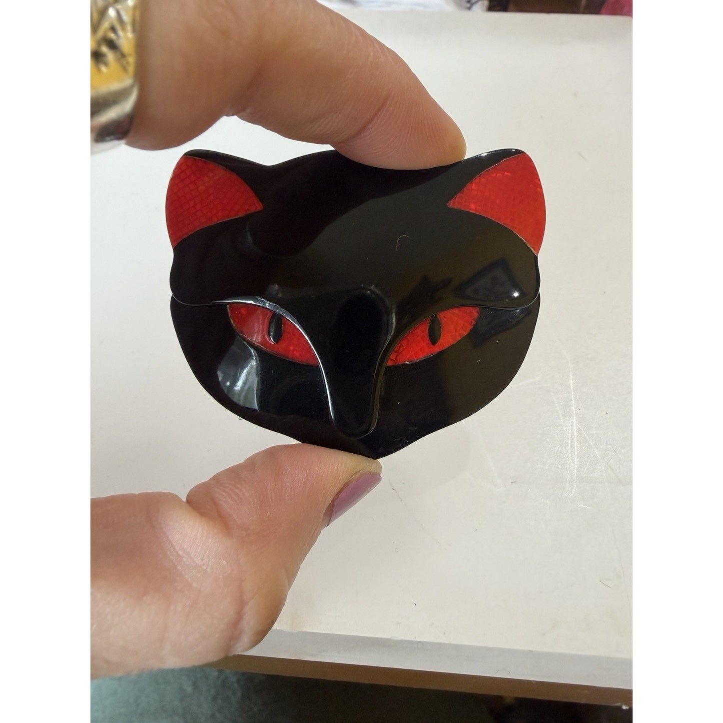 Lea Stein Paris Vintage Attila Cat Head Brooch Glossy Black Red Snake Pattern