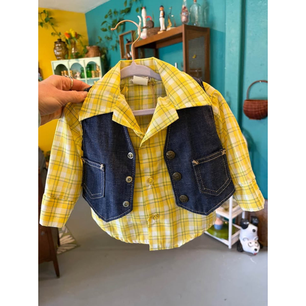 Billy the Kid Vintage Denim 3 piece clothing set. Vest pants yellow plaid shirt. Western 12mos
