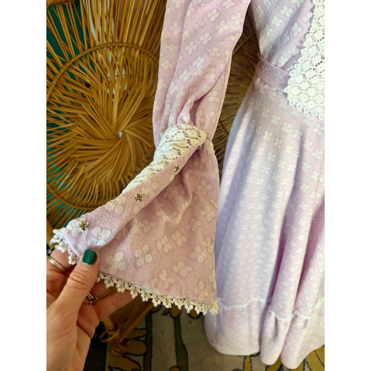 1970s Lavender Prairie Dress. Lace Long Sleeve Gown Victorian inspired. Handmade. Size Small