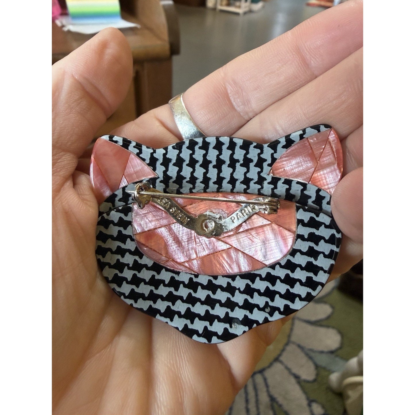Lea Stein Paris Vintage Attila Cat Head Brooch Glossy Black Red Snake Pattern