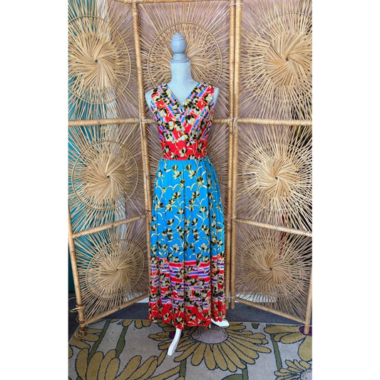 1970s Vibrant Multi Color Sleeveless Maxi Dress. Hawaiian Florals XS