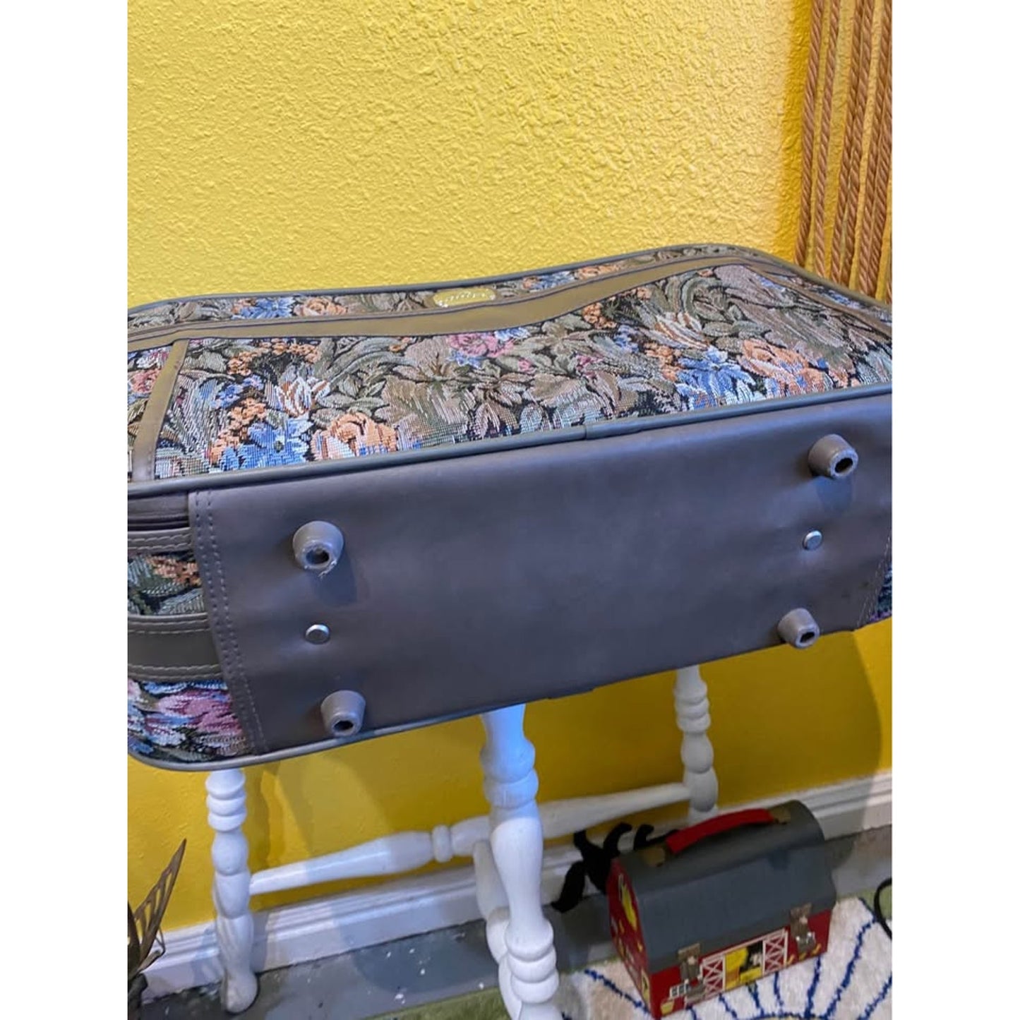 Jordache floral tapestry carry on luggage. Vintage travel suitcase