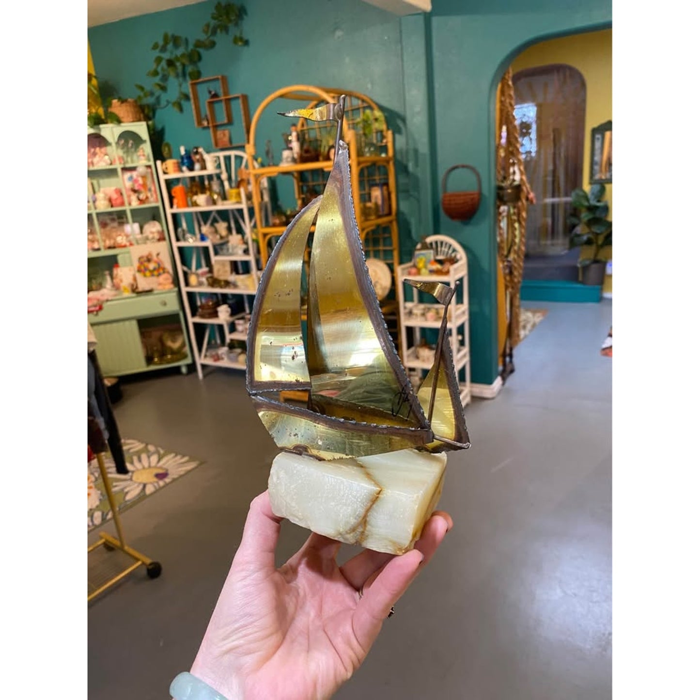 Brass sailboats on marble base. Home Office Decor Beach Theme